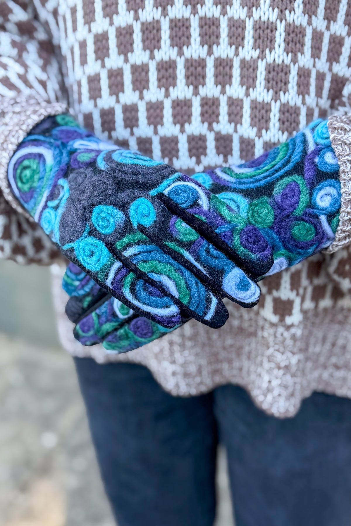 Black & Aqua Colorful Yarn Embroidered Gloves