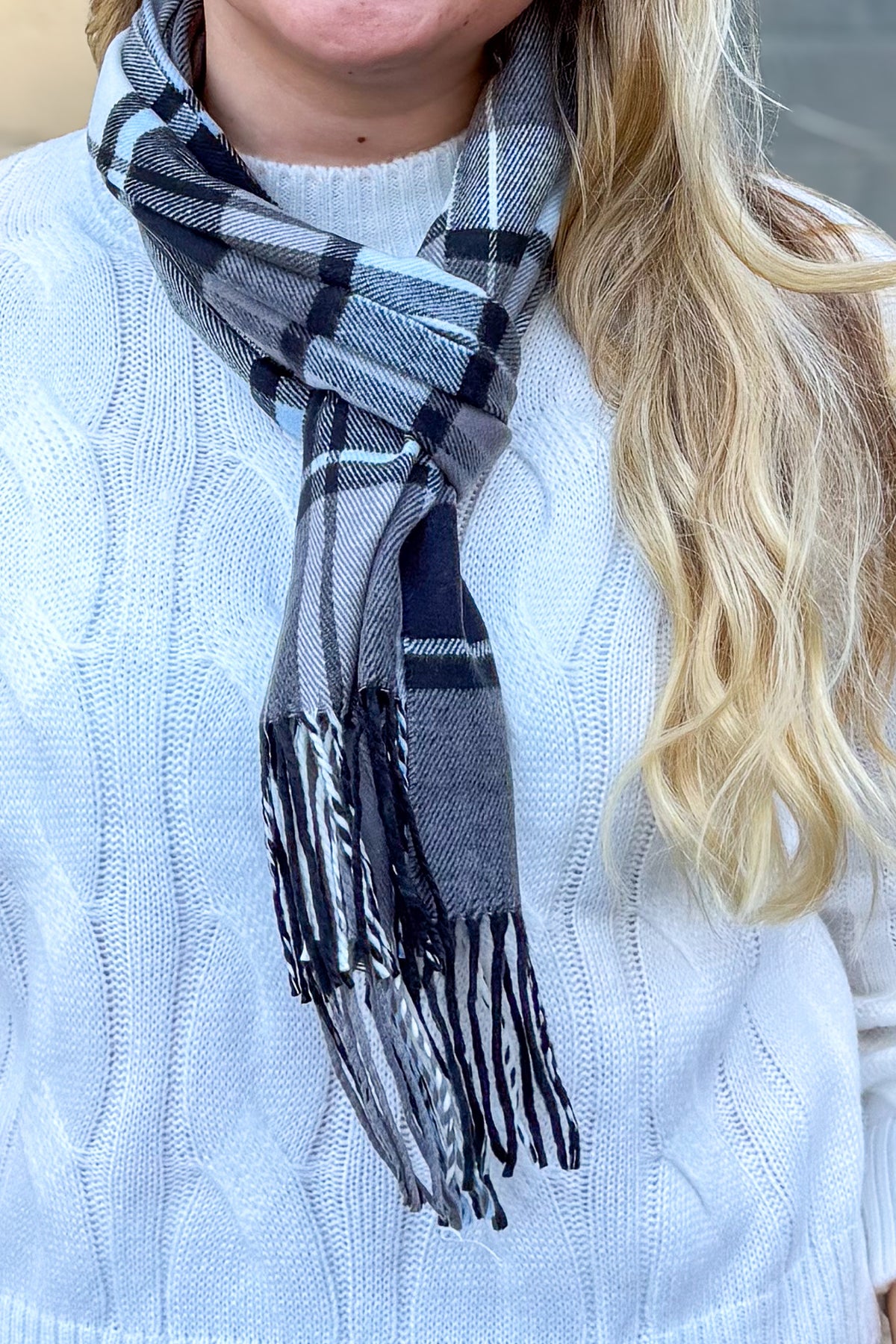 Black & Light Blue Plaid Cashmere Feel Scarf