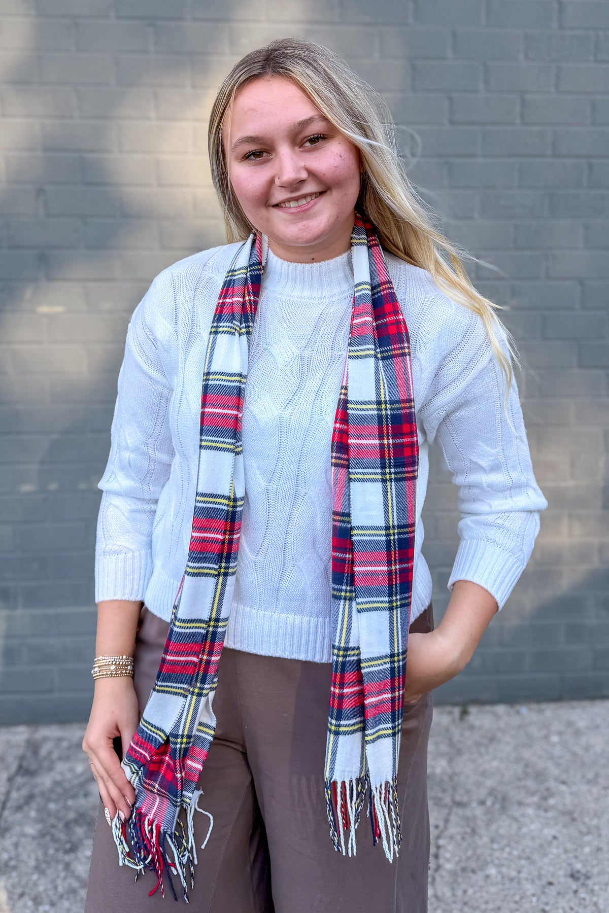 White & Red Plaid Cashmere Feel Scarf Styled