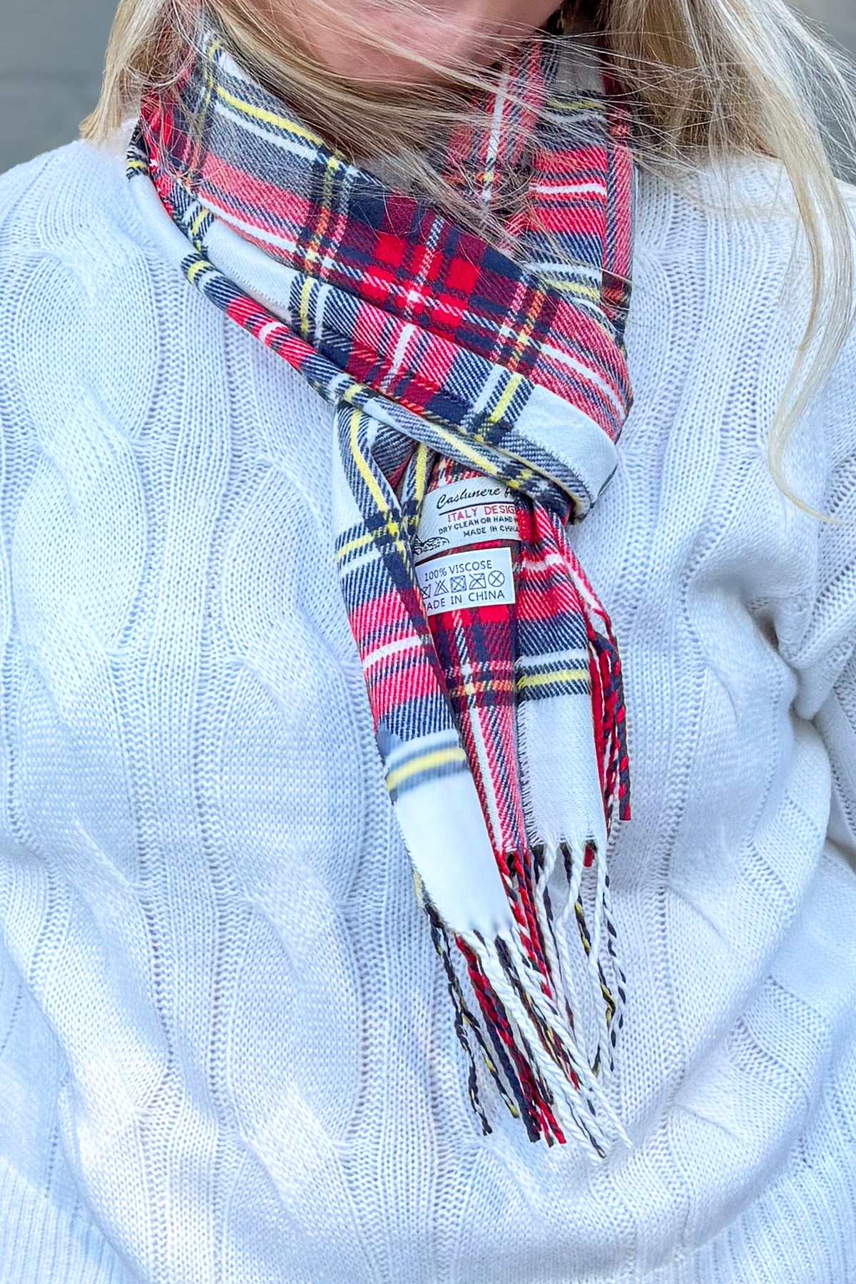 White & Red Plaid Cashmere Feel Scarf
