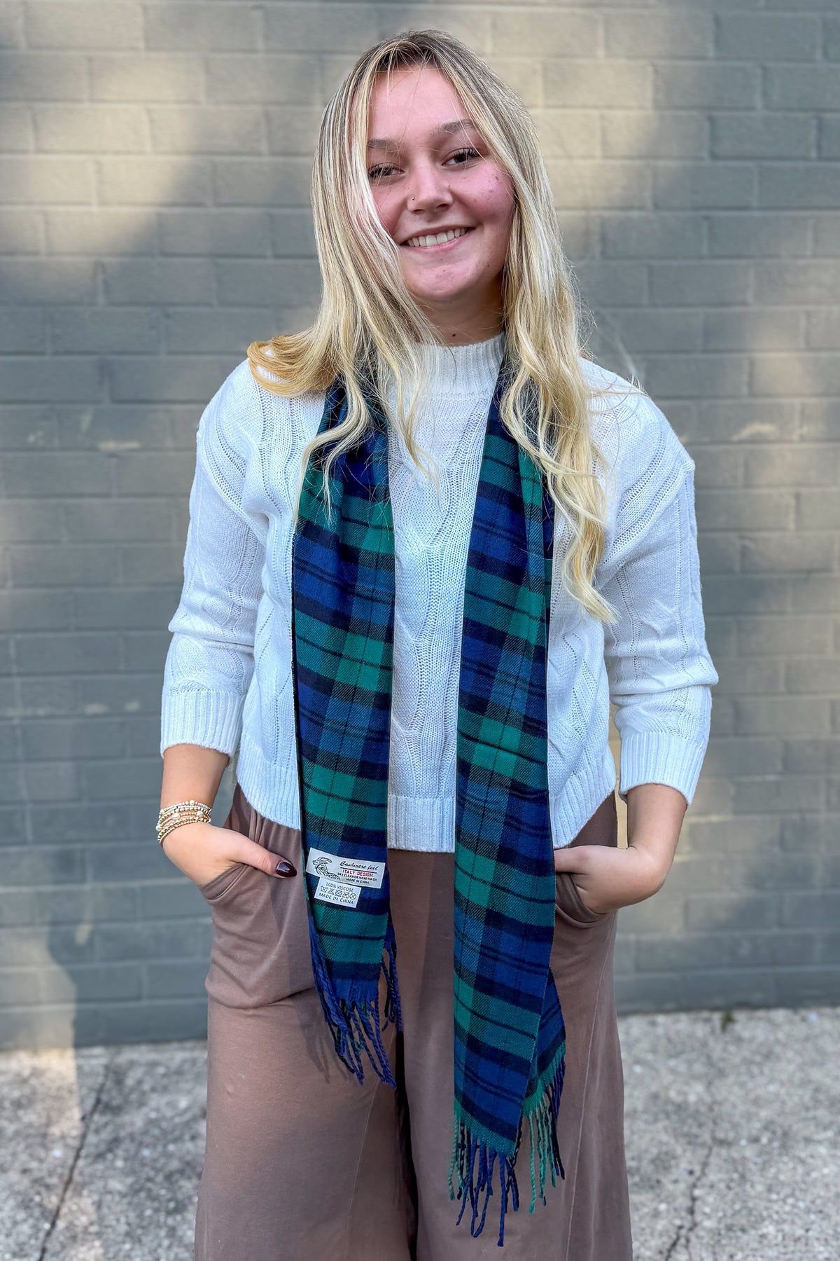Cashmere Feel Scarf Navy Green Plaid