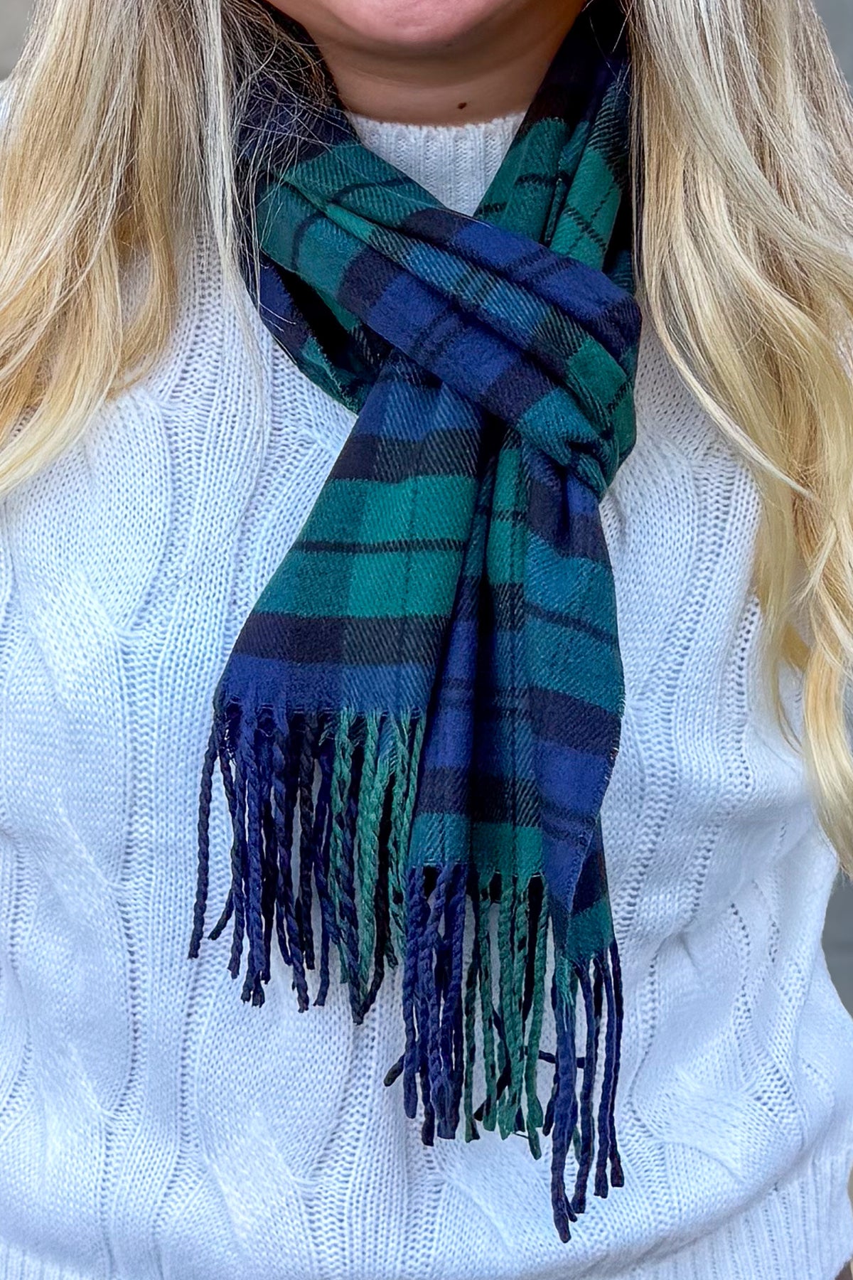 Cashmere Feel Scarf Navy Green Plaid