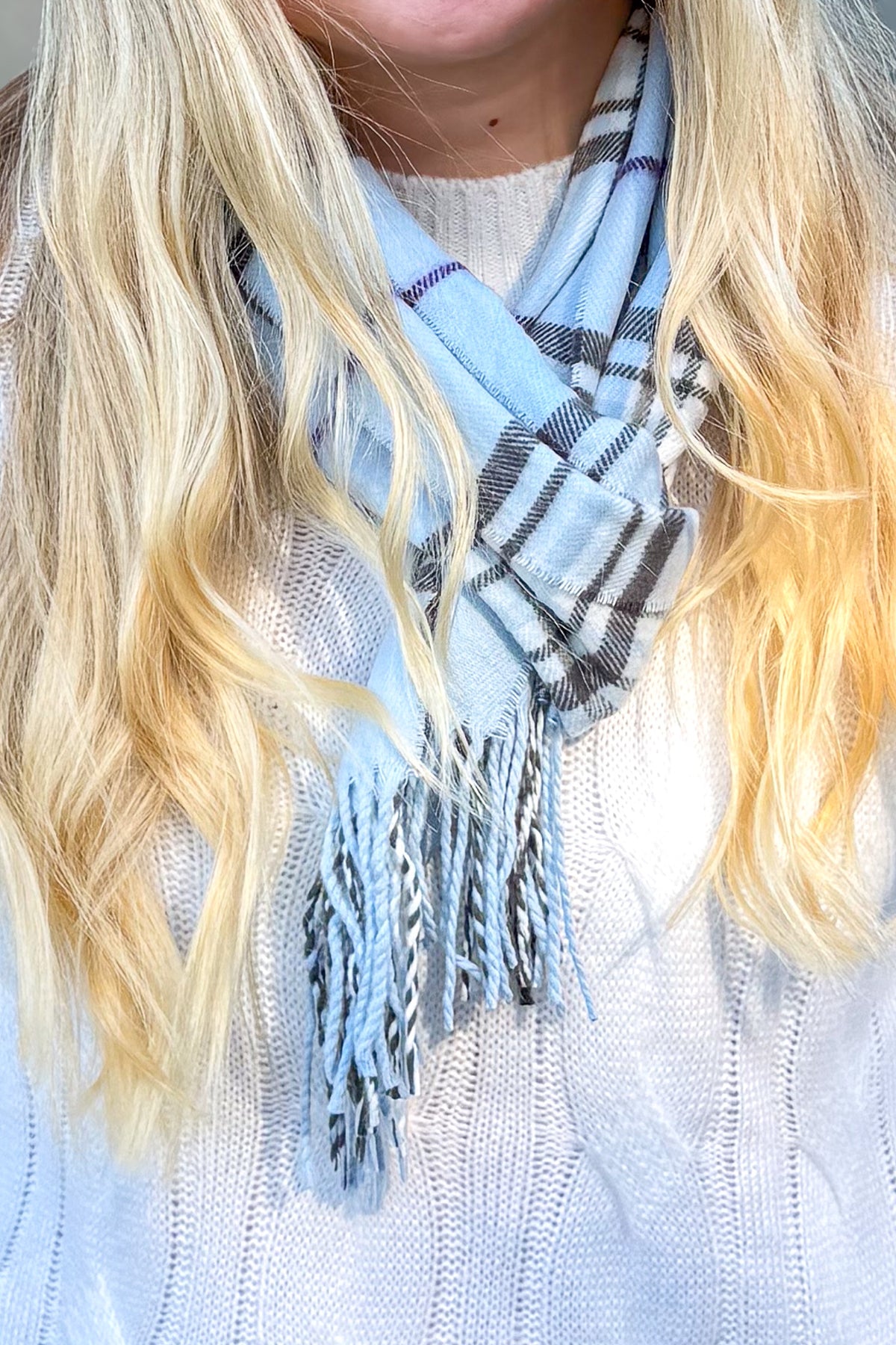 Black & Light Blue Plaid Cashmere Feel Scarf