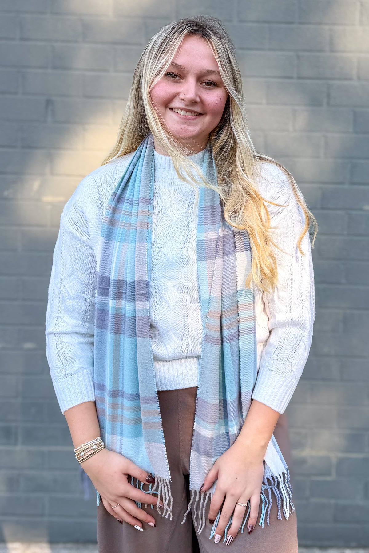 Cashmere Feel Scarf Blue Purple Plaid Styled