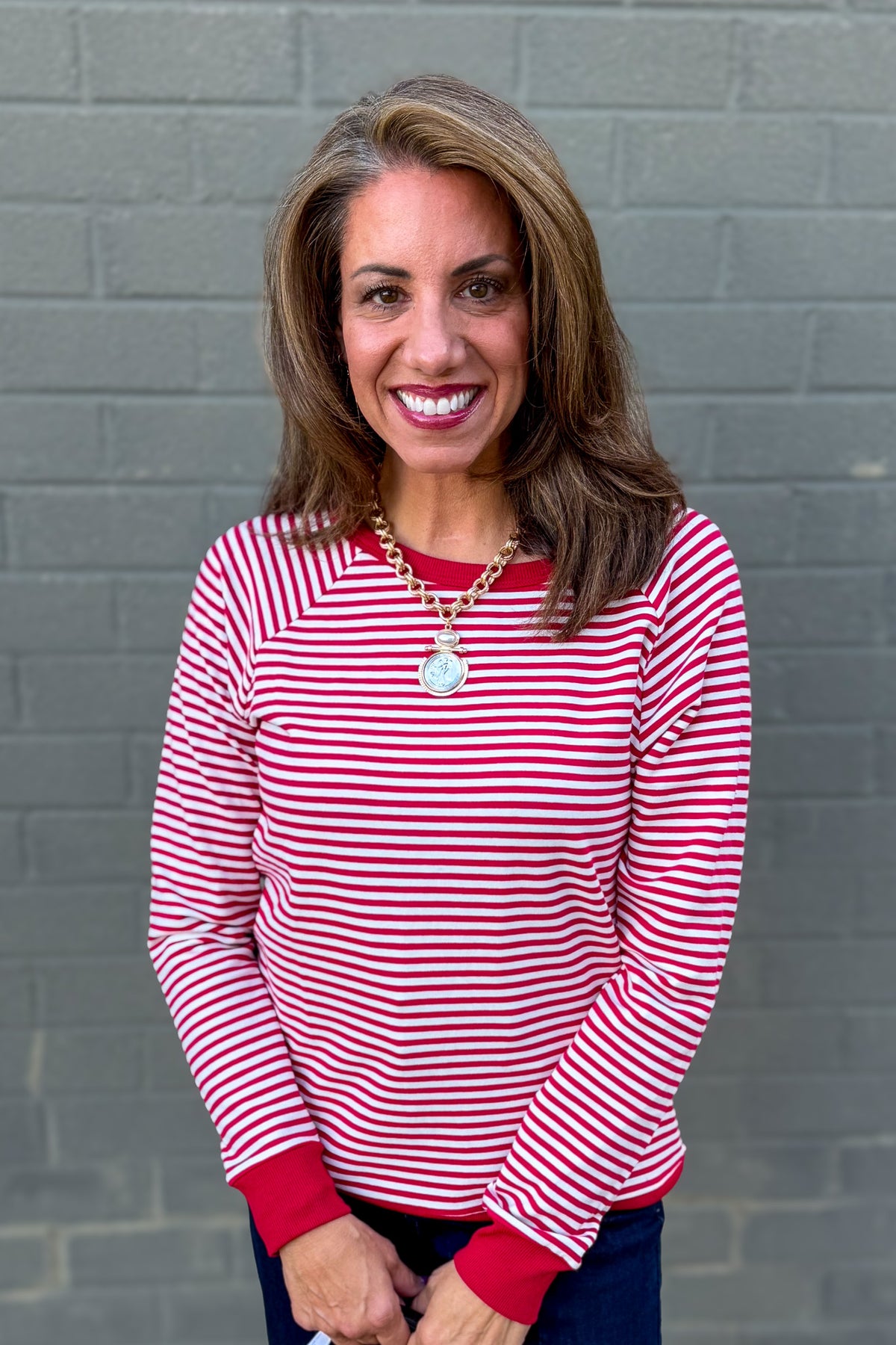 Red & Ivory Striped Terry Pullover