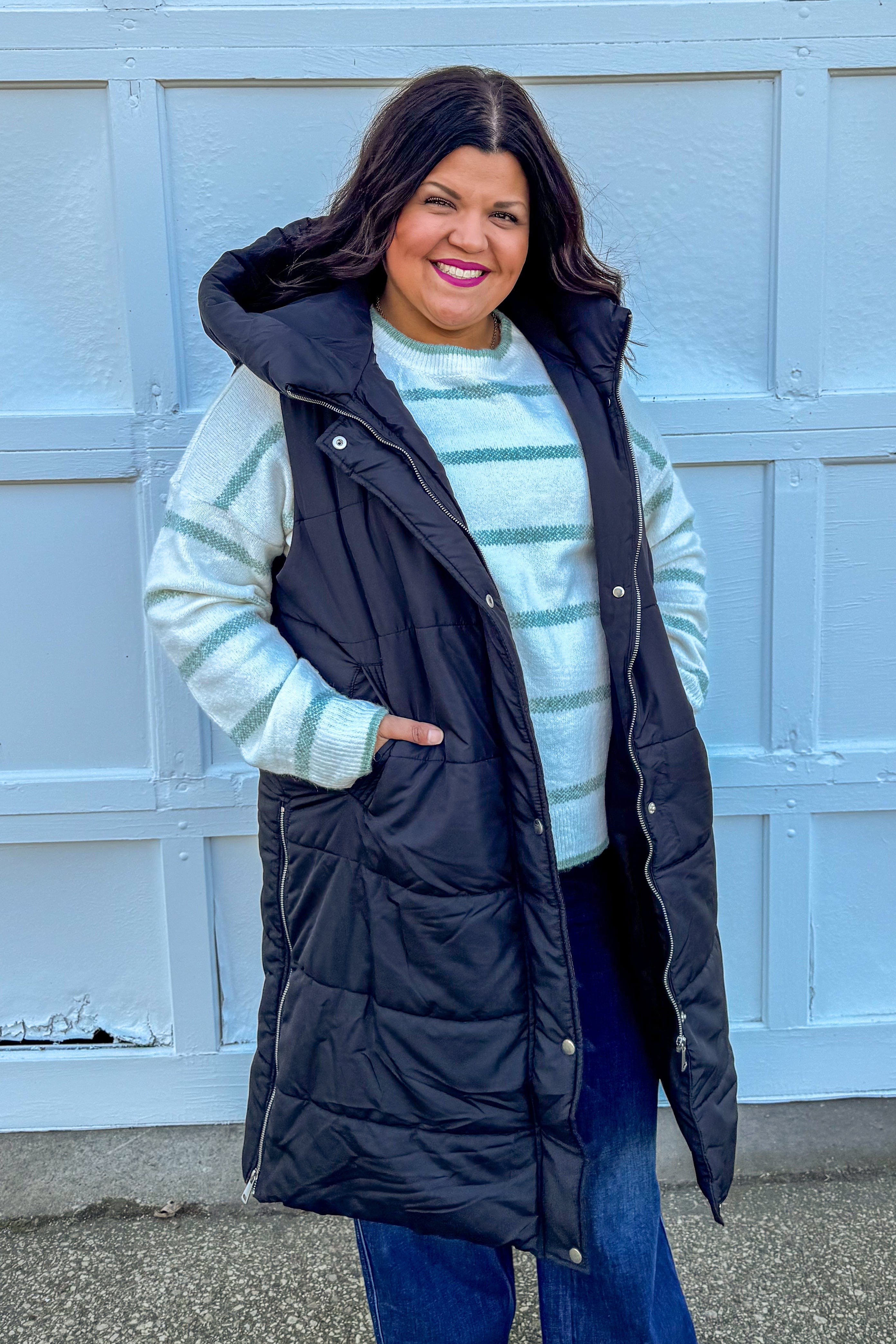 Black Long Puffer Vest Styled