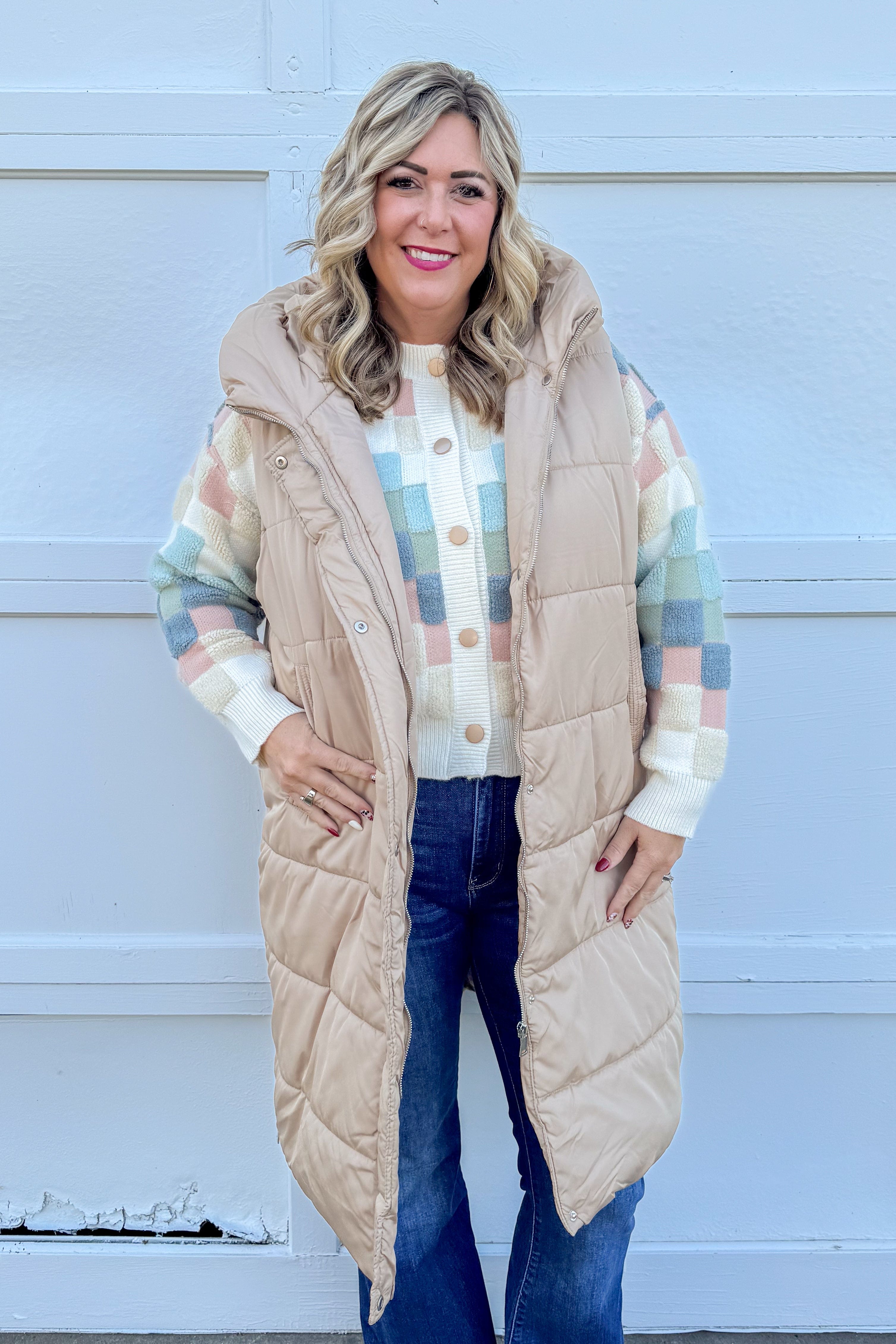 Soft Hued Checkered Button Cardigan styled with vest