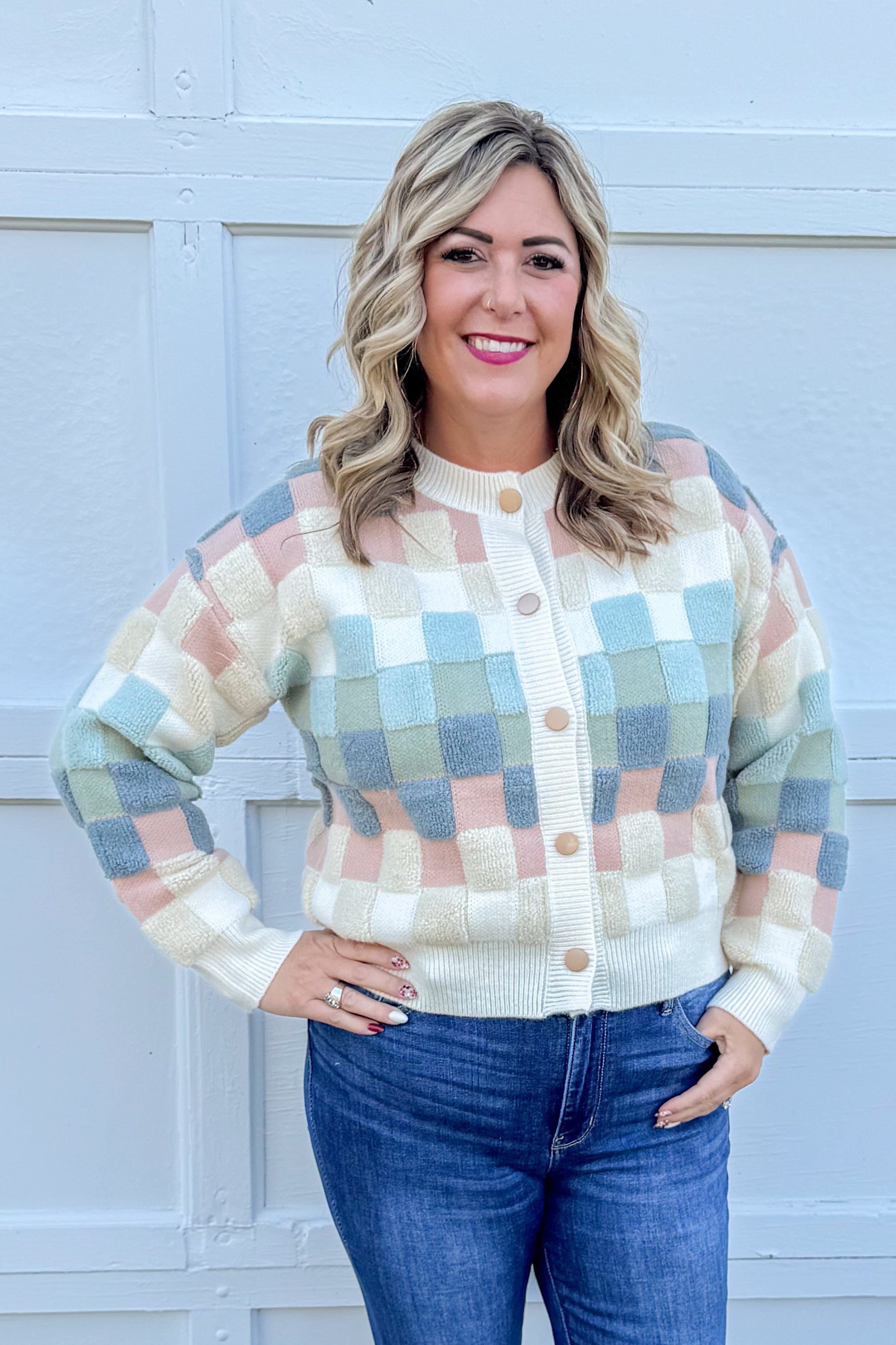 Soft Hued Checkered Button Cardigan