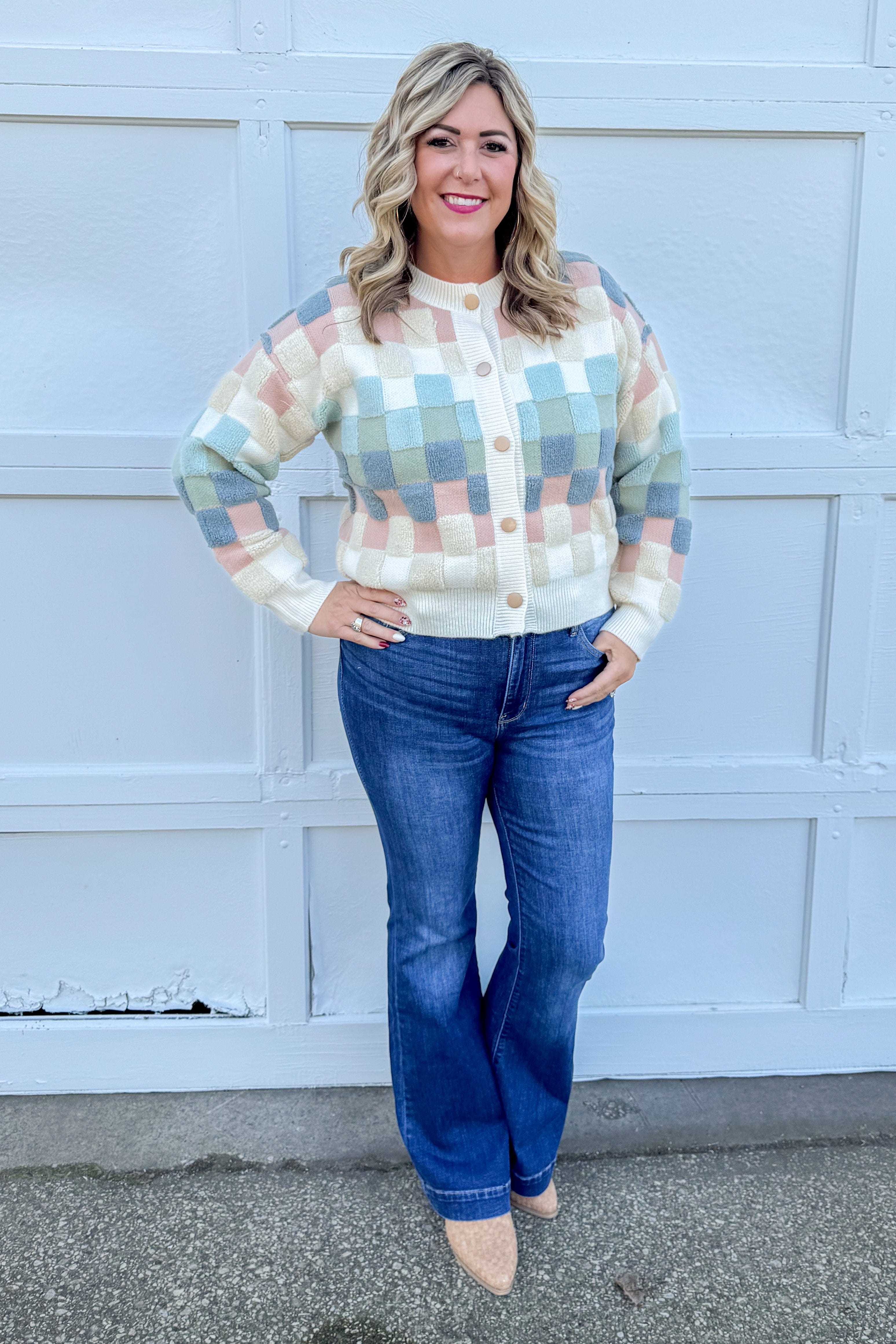 Soft Hued Checkered Button Cardigan styled