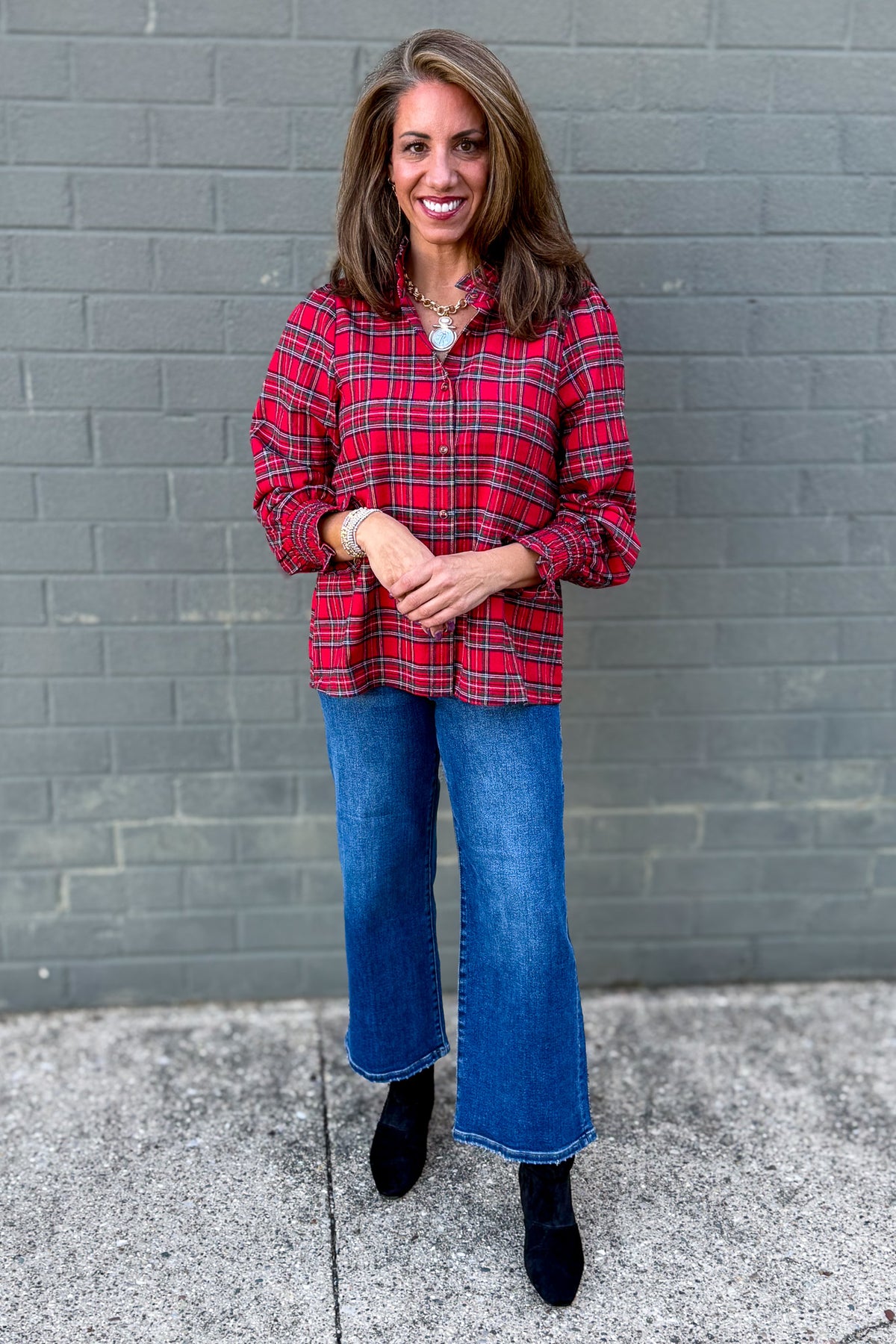 Red Plaid Ruffled High Collar Button Down Blouse Styled