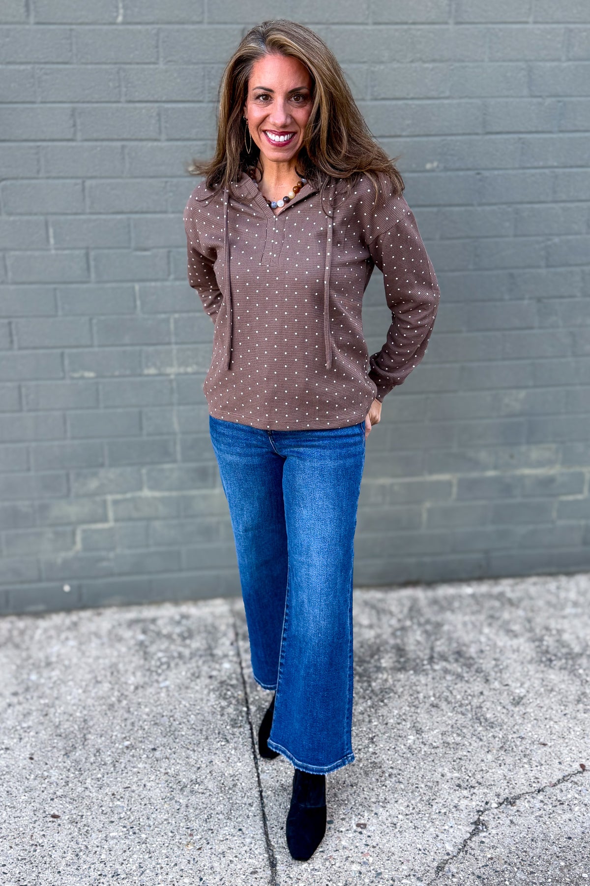 Coffee Polka Dot Drawstring Top Styled