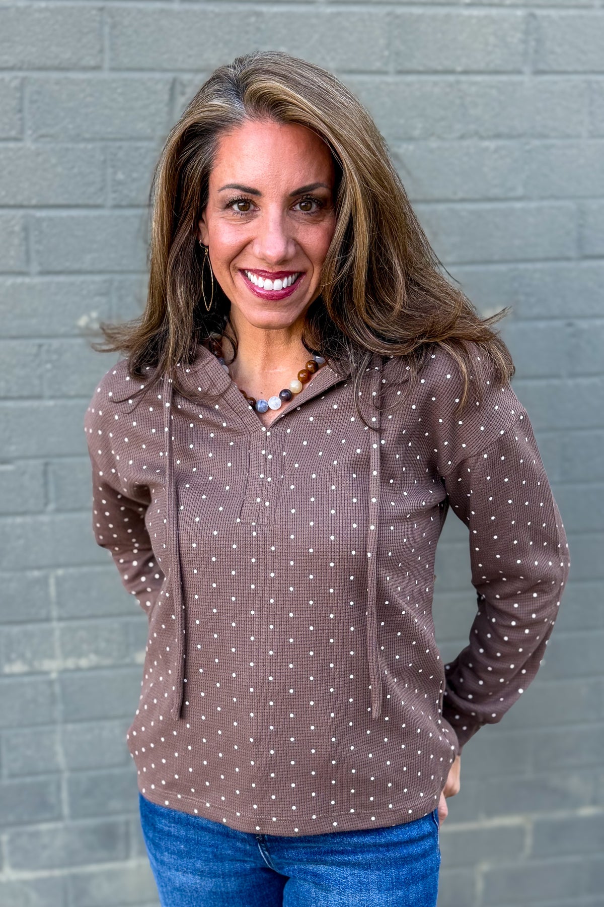 Coffee Polka Dot Drawstring Top