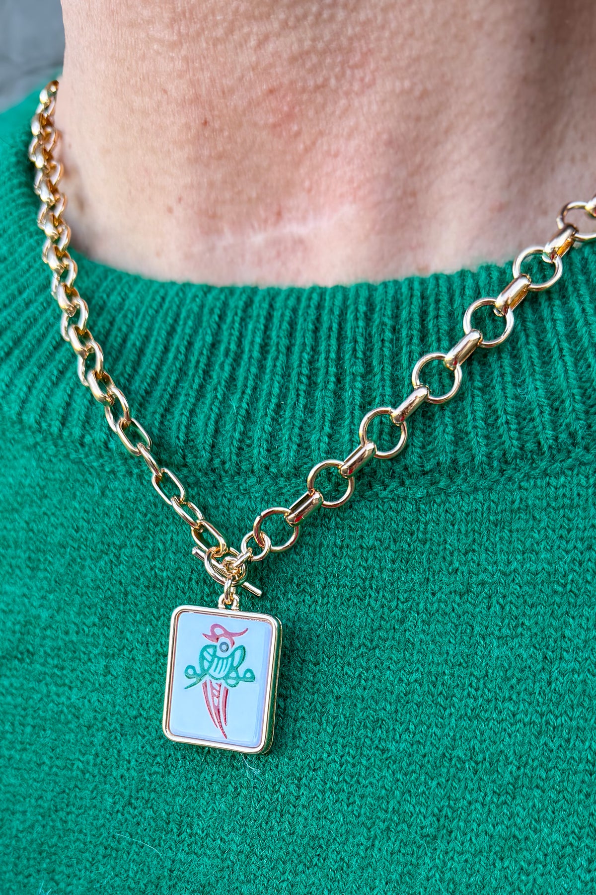 Gold Link Toggle Bird Tile Mahjong Necklace