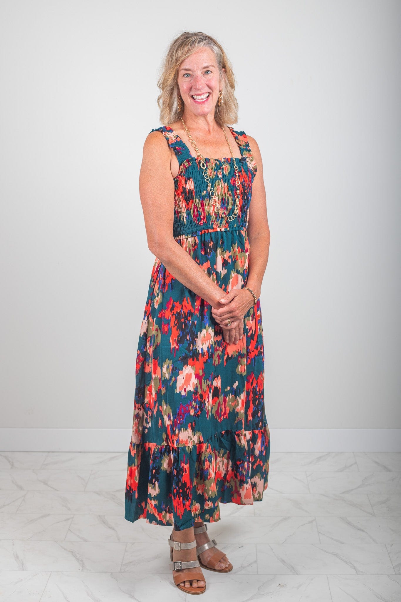Green Abstract Pattern Smocked Dress