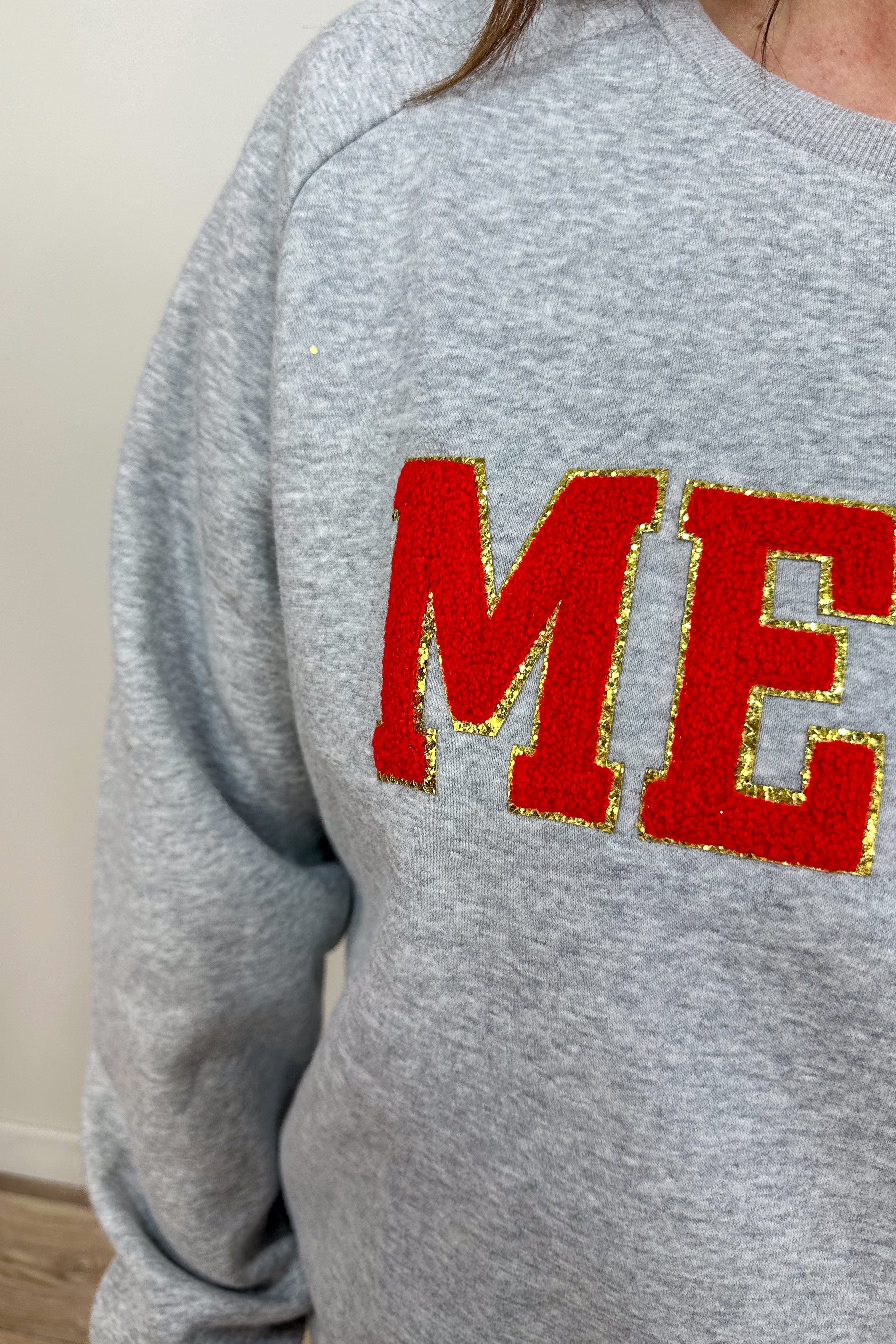 Gray Merry Chenille Letter Sweatshirt detail