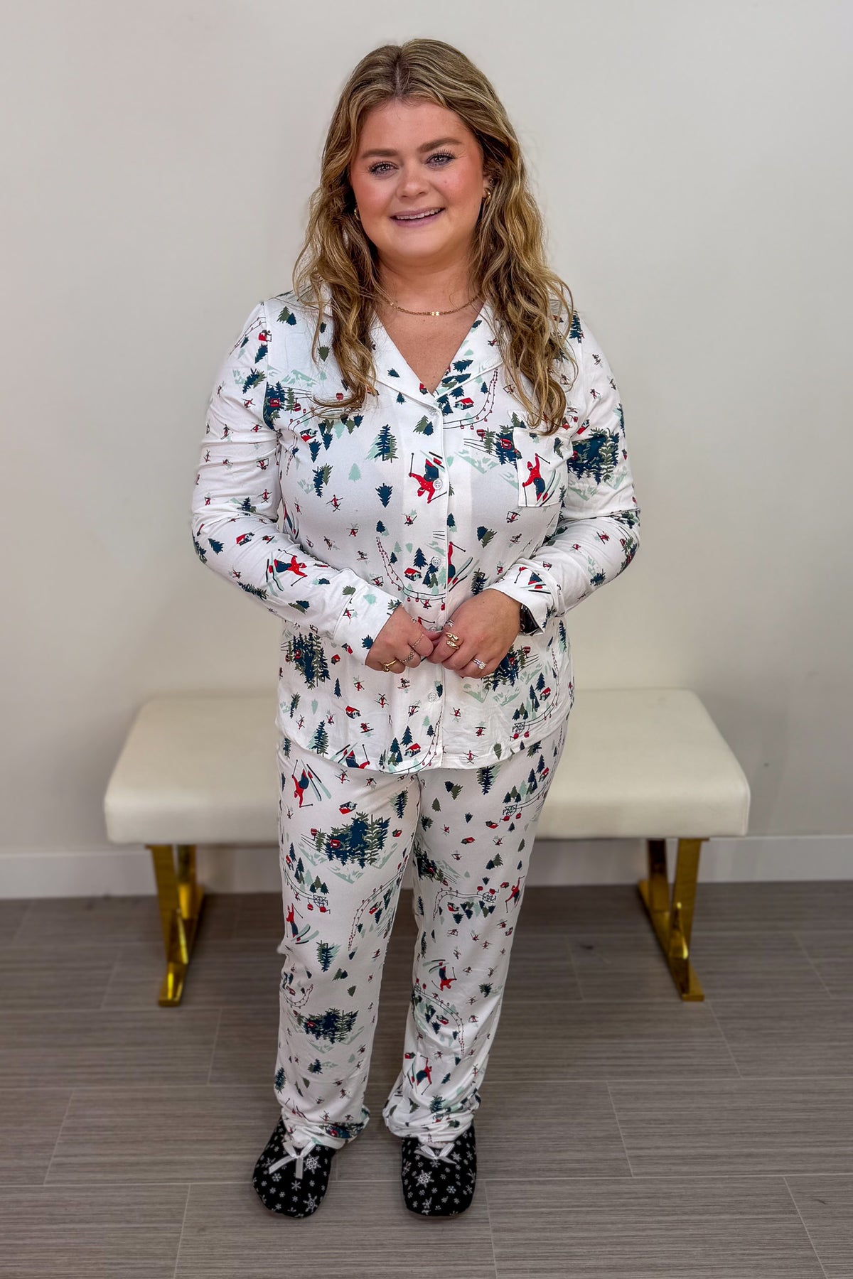 Holiday Skiers Button Down Loungewear Set