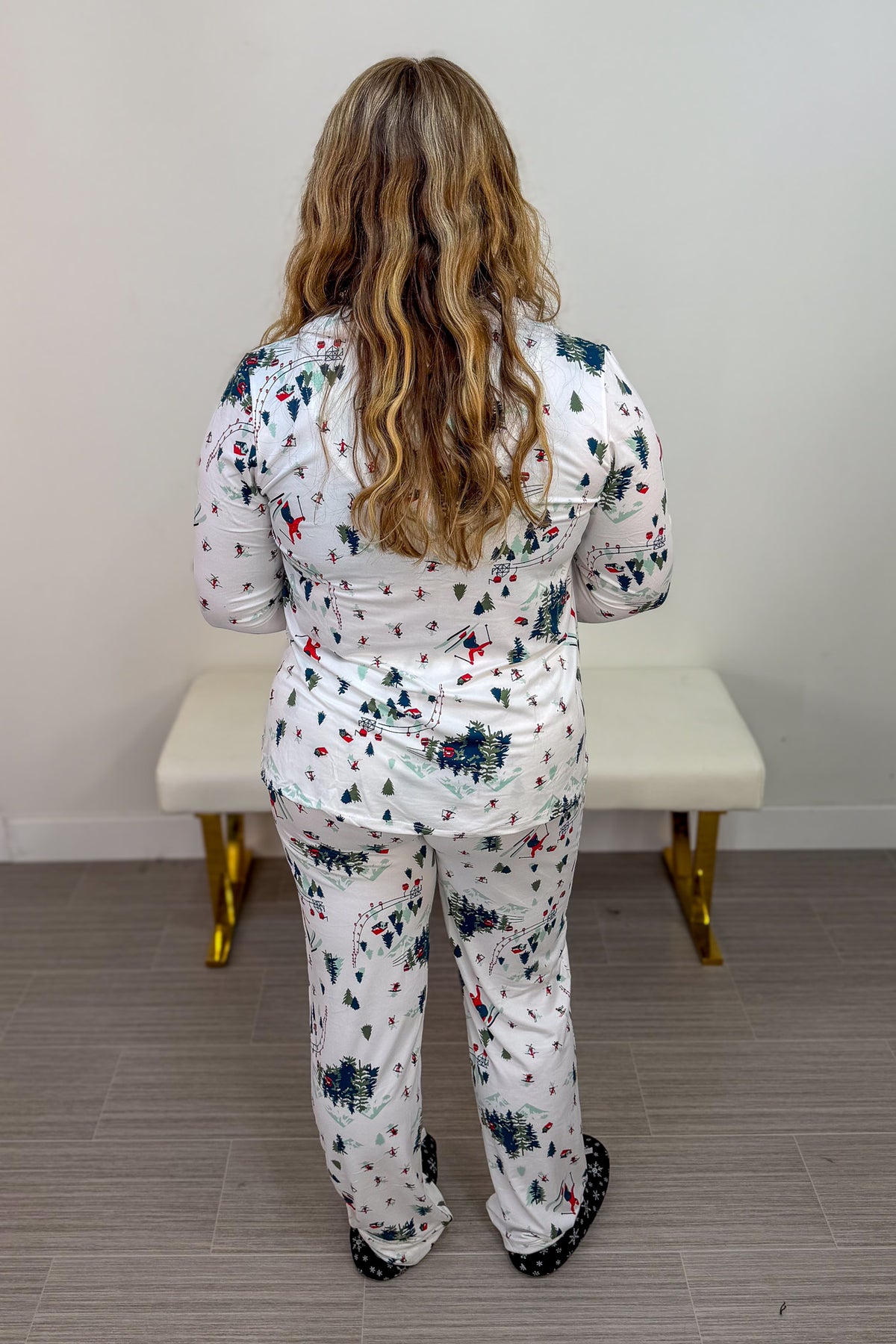 Holiday Skiers Button Down Loungewear Set Back