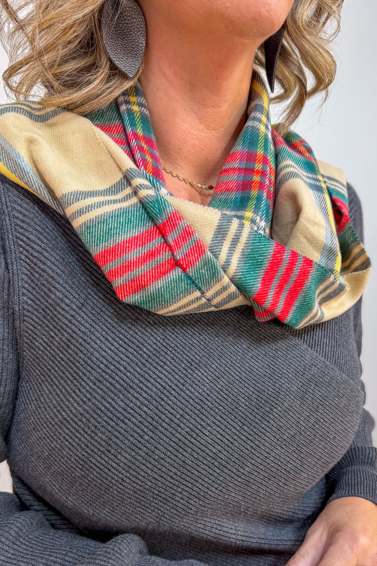 Tan Christmas Plaid Cashmere Feel Scarf