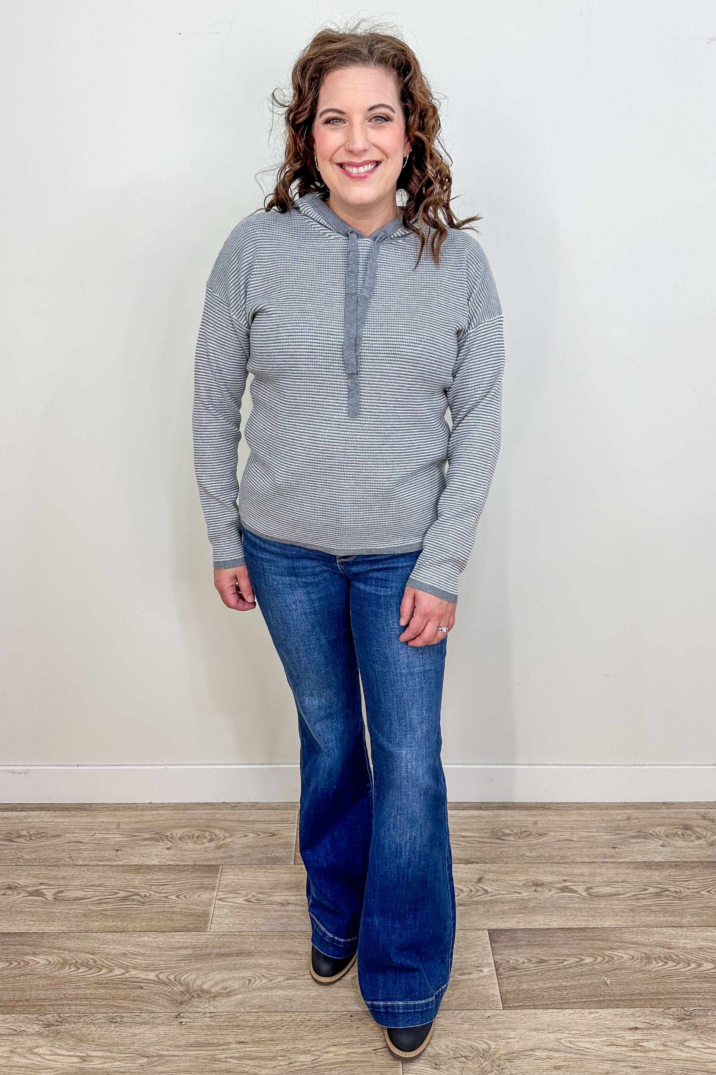 Grey & White Stripe Hooded Sweater styled