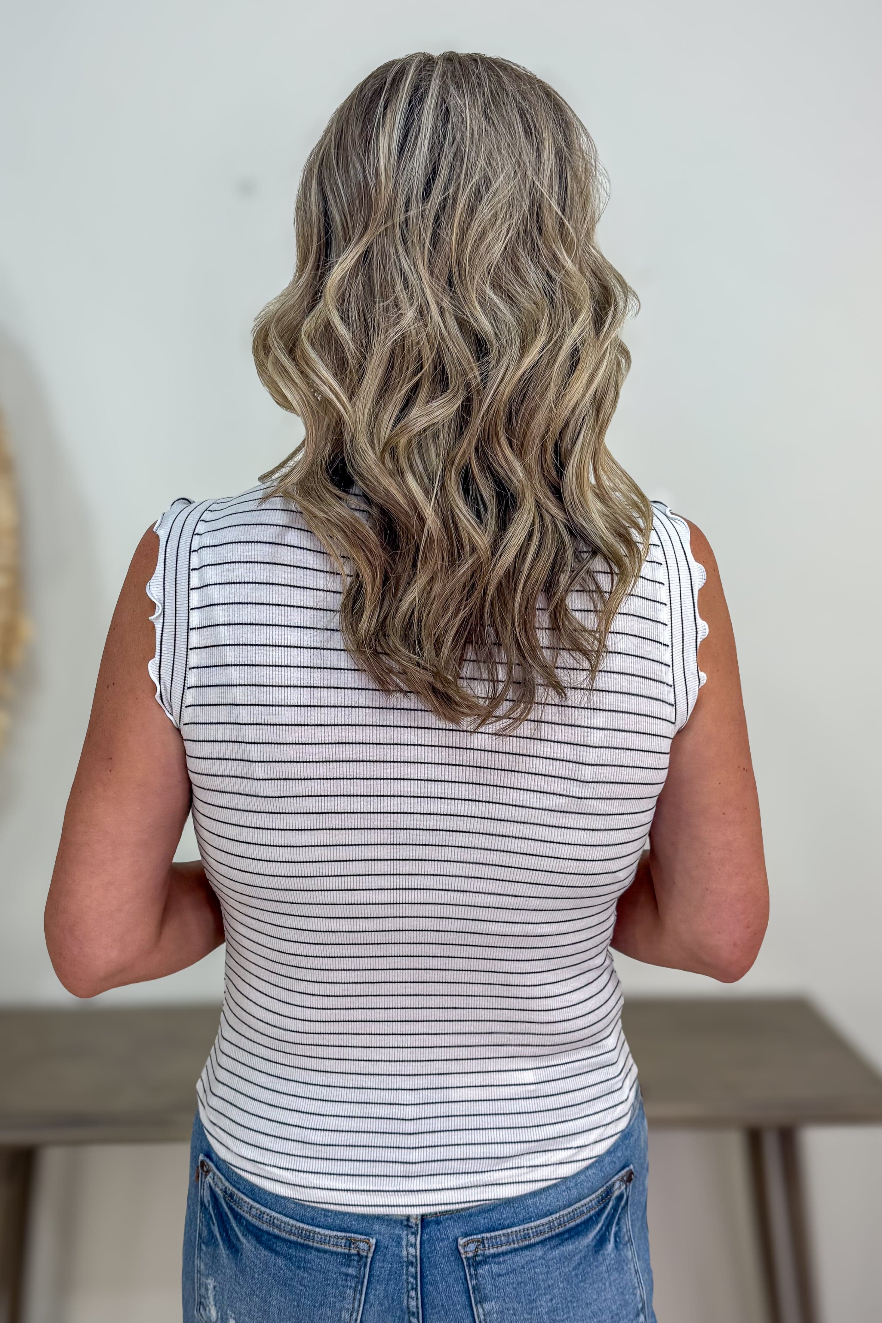 White & Black Stripe Ruffle Trim Top detail
