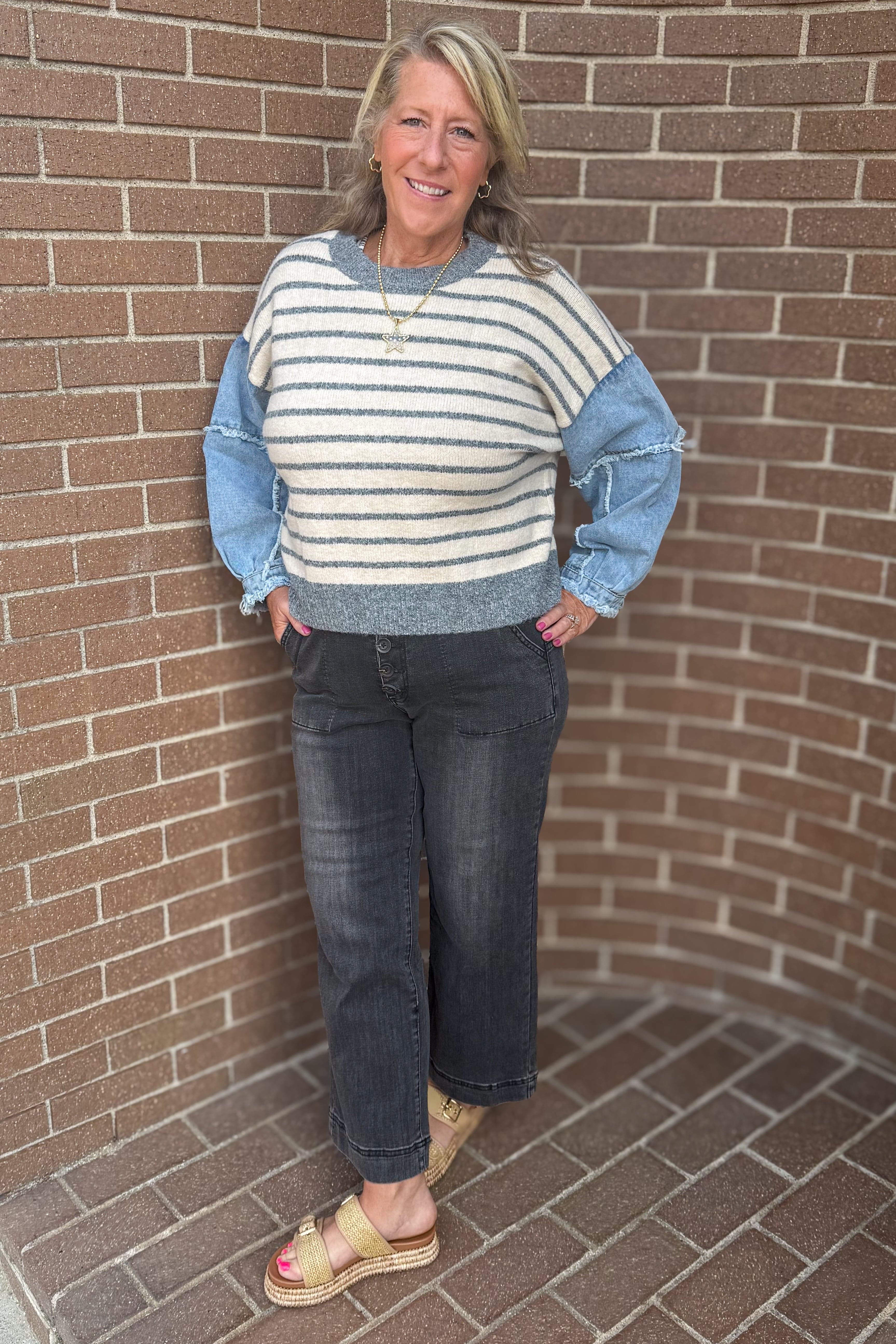 Grey Stripe Pullover with Denim Sleeves Top styled