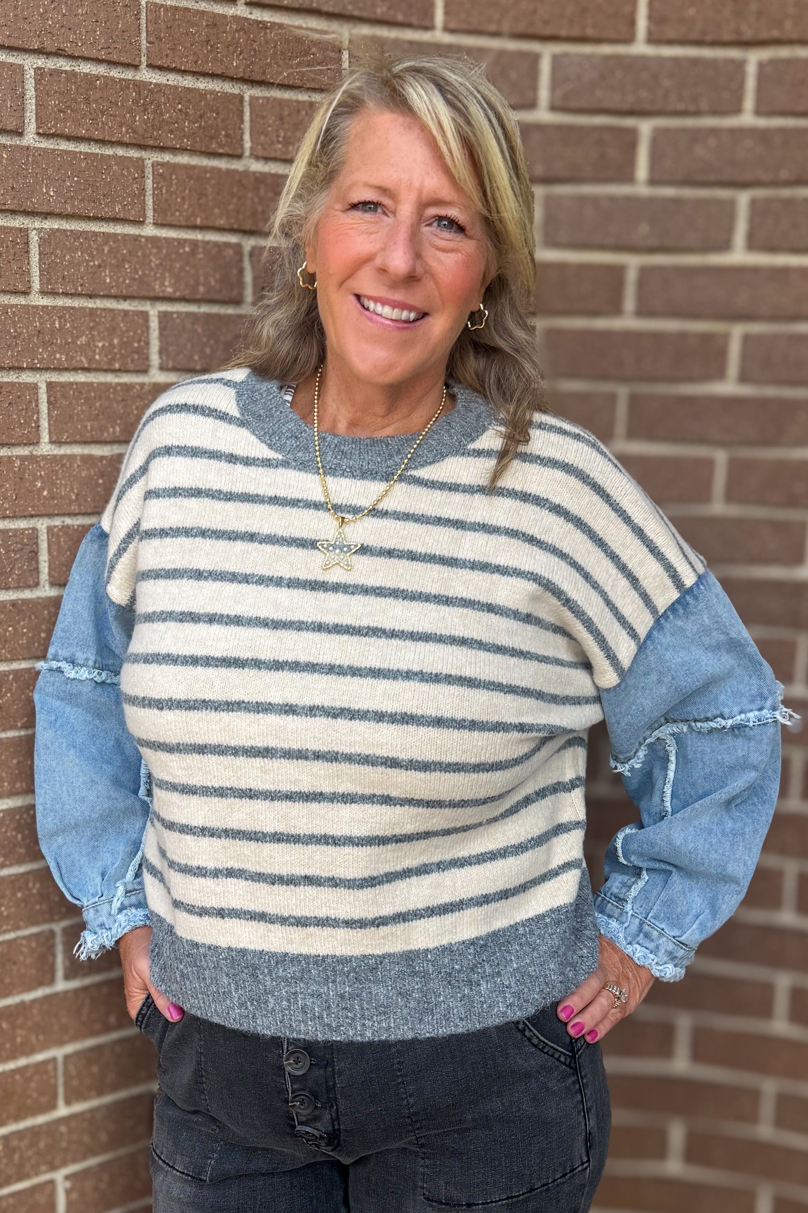 Grey Stripe Pullover with Denim Sleeves Top