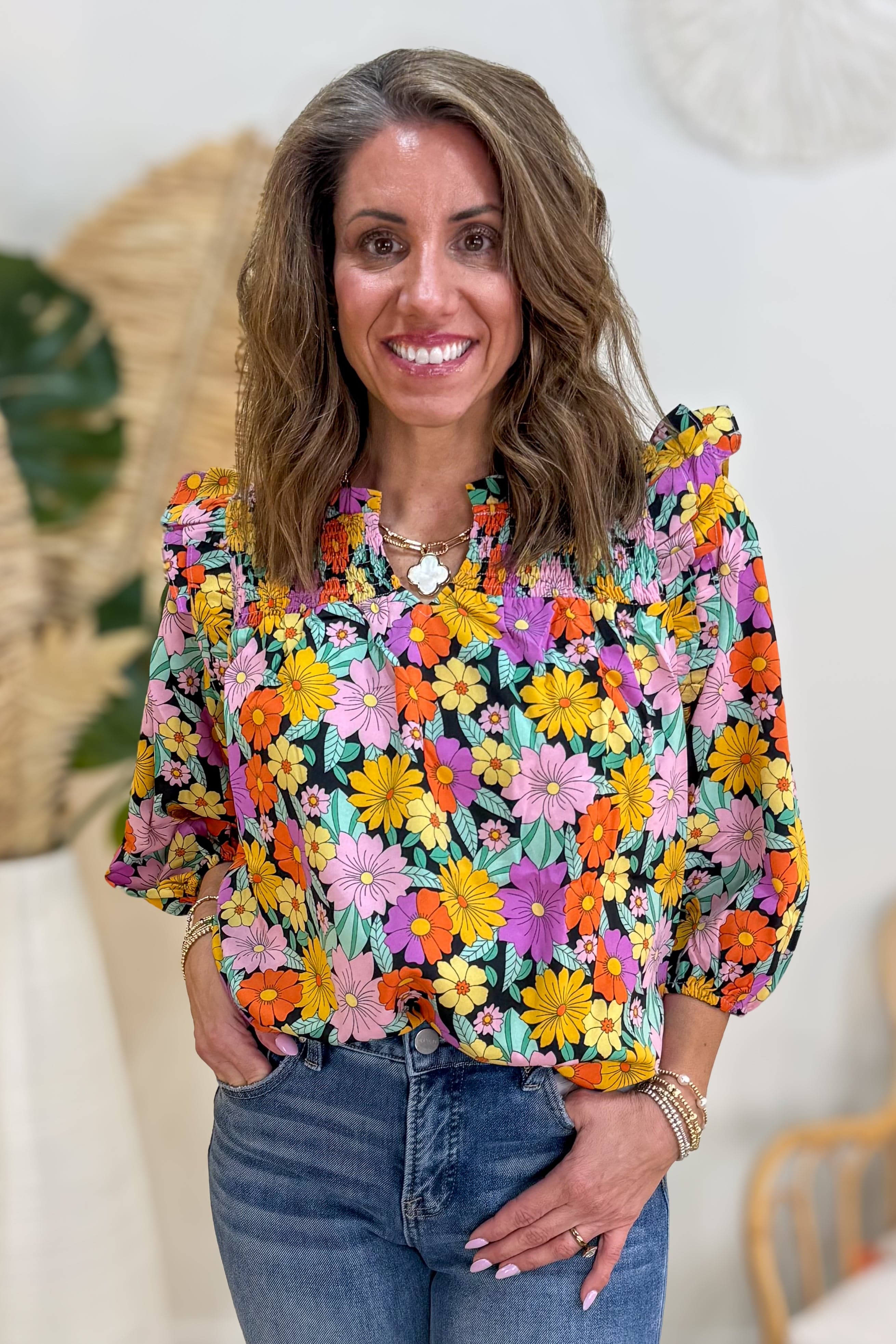 Black Mix Floral V-Notch Smock Detail Top