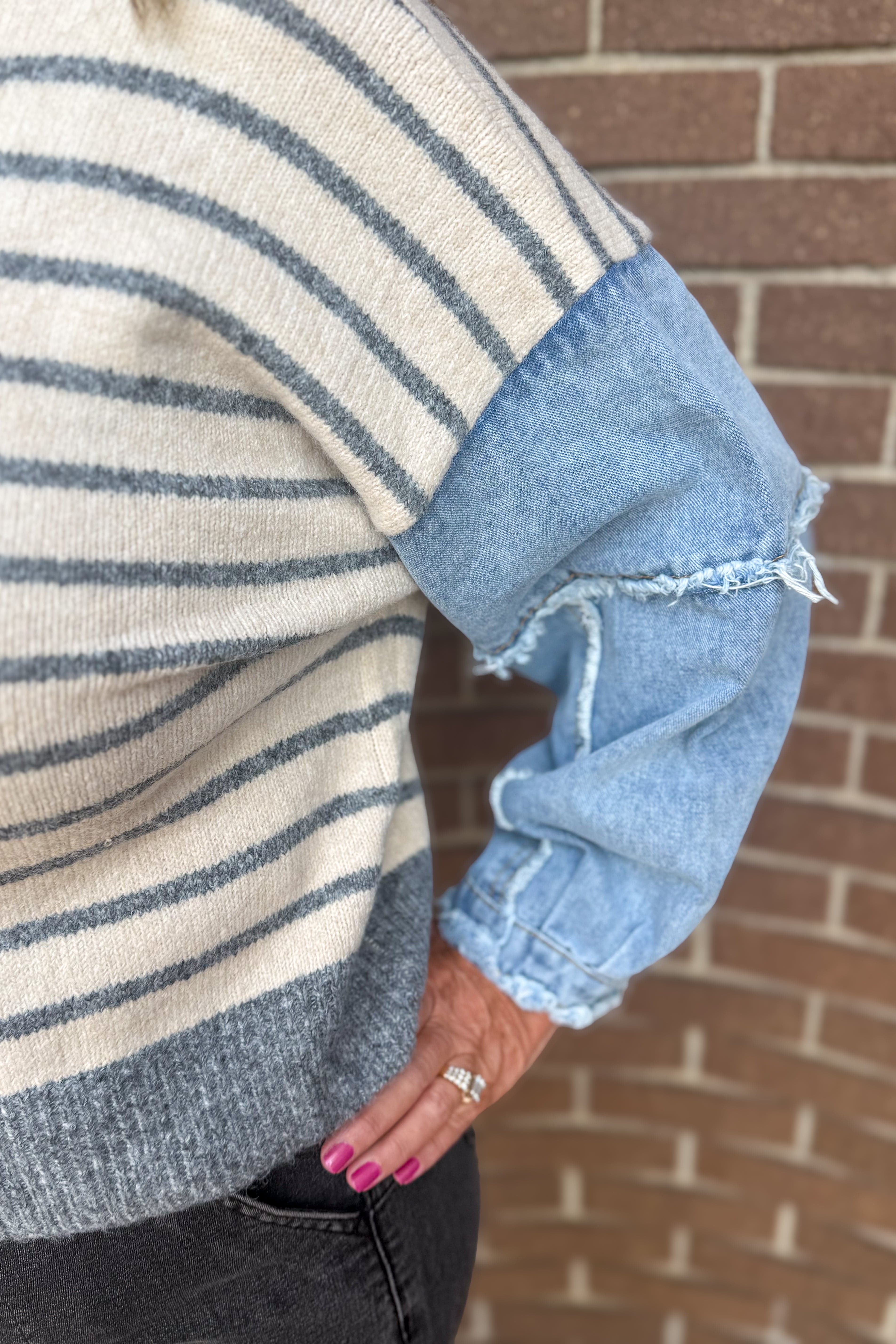 Grey Stripe Pullover with Denim Sleeves Top detail