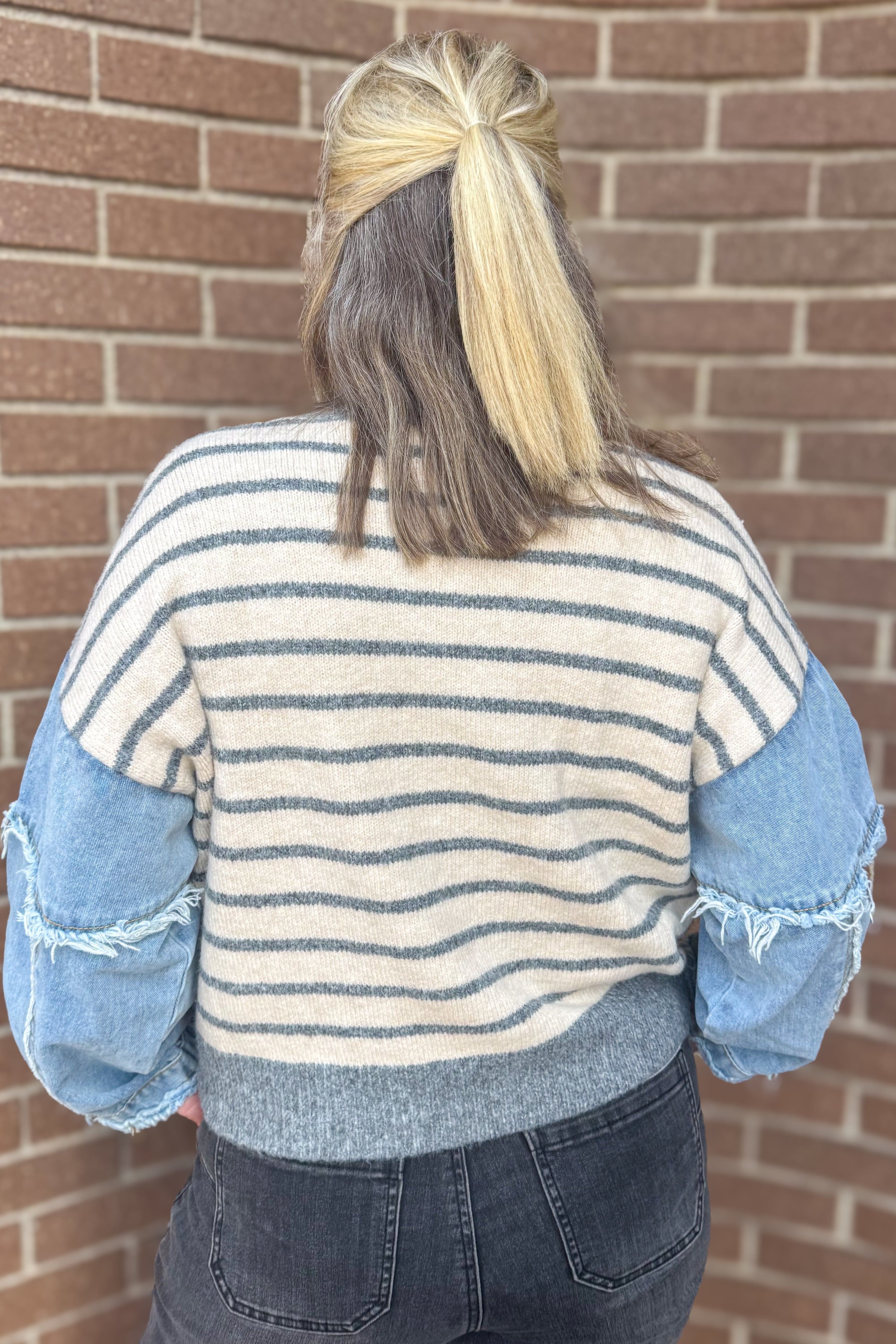 Grey Stripe Pullover with Denim Sleeves Top back