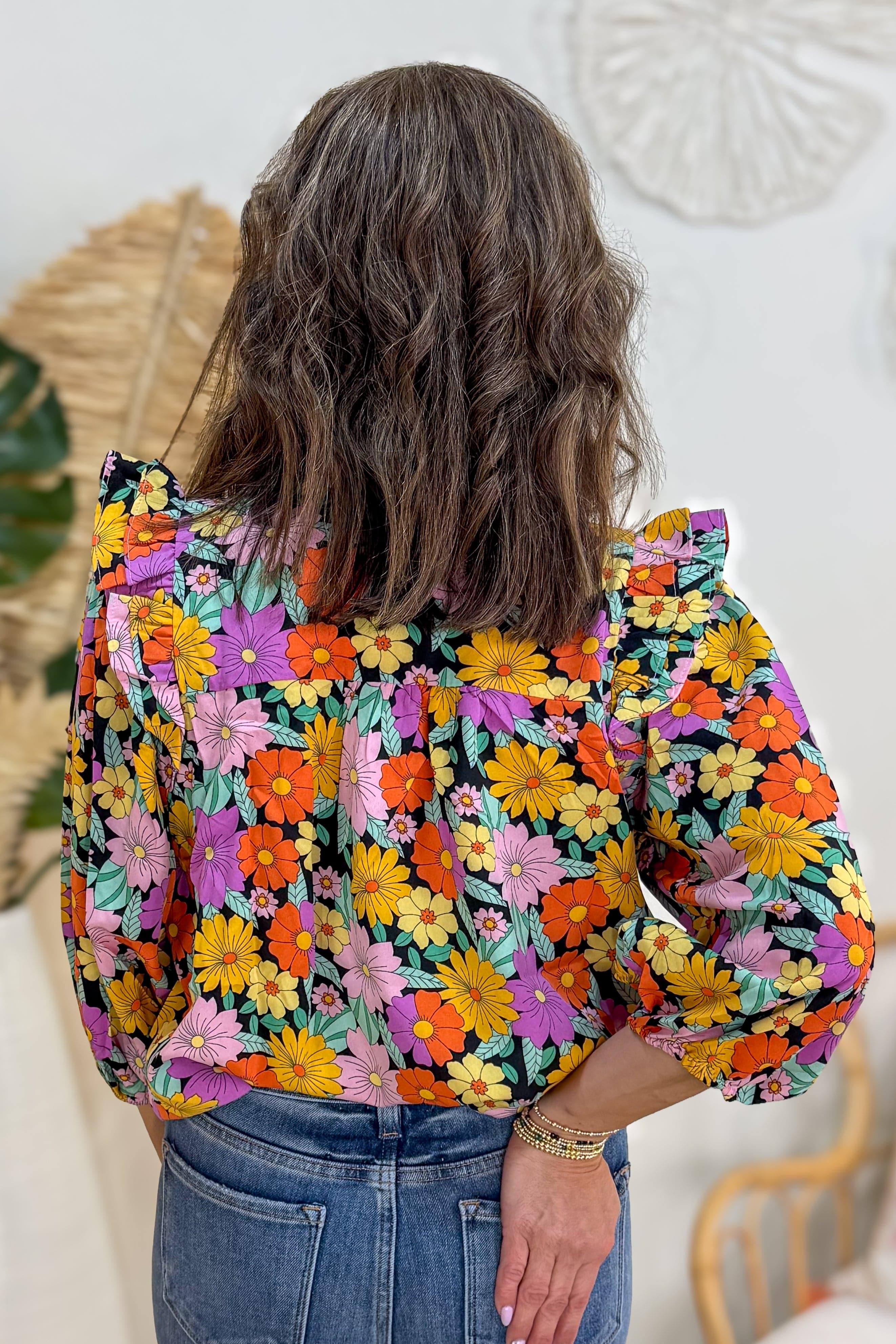 Black Mix Floral V-Notch Smock Detail Top Back