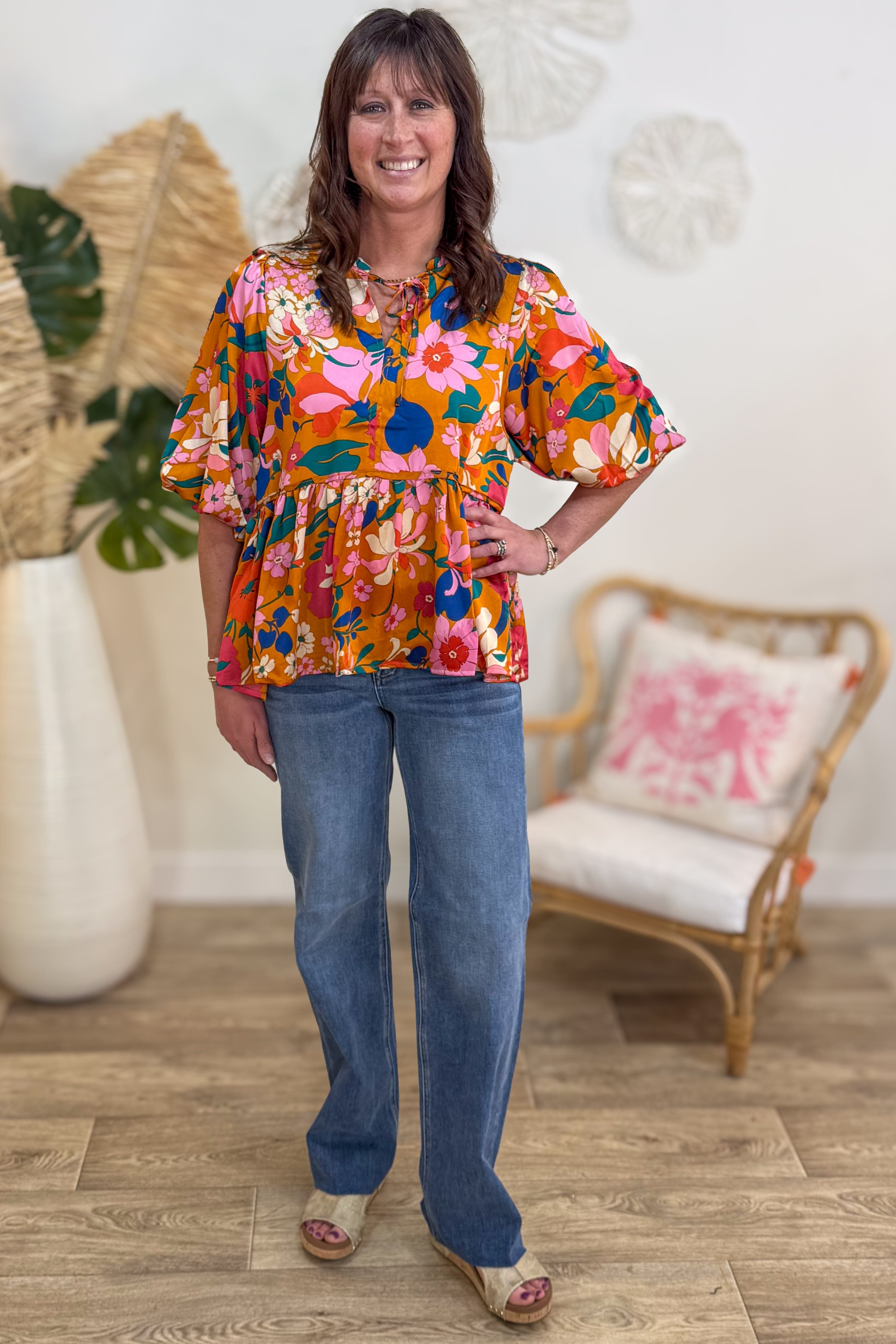 Ginger Floral Baby Doll Tie Front Blouse