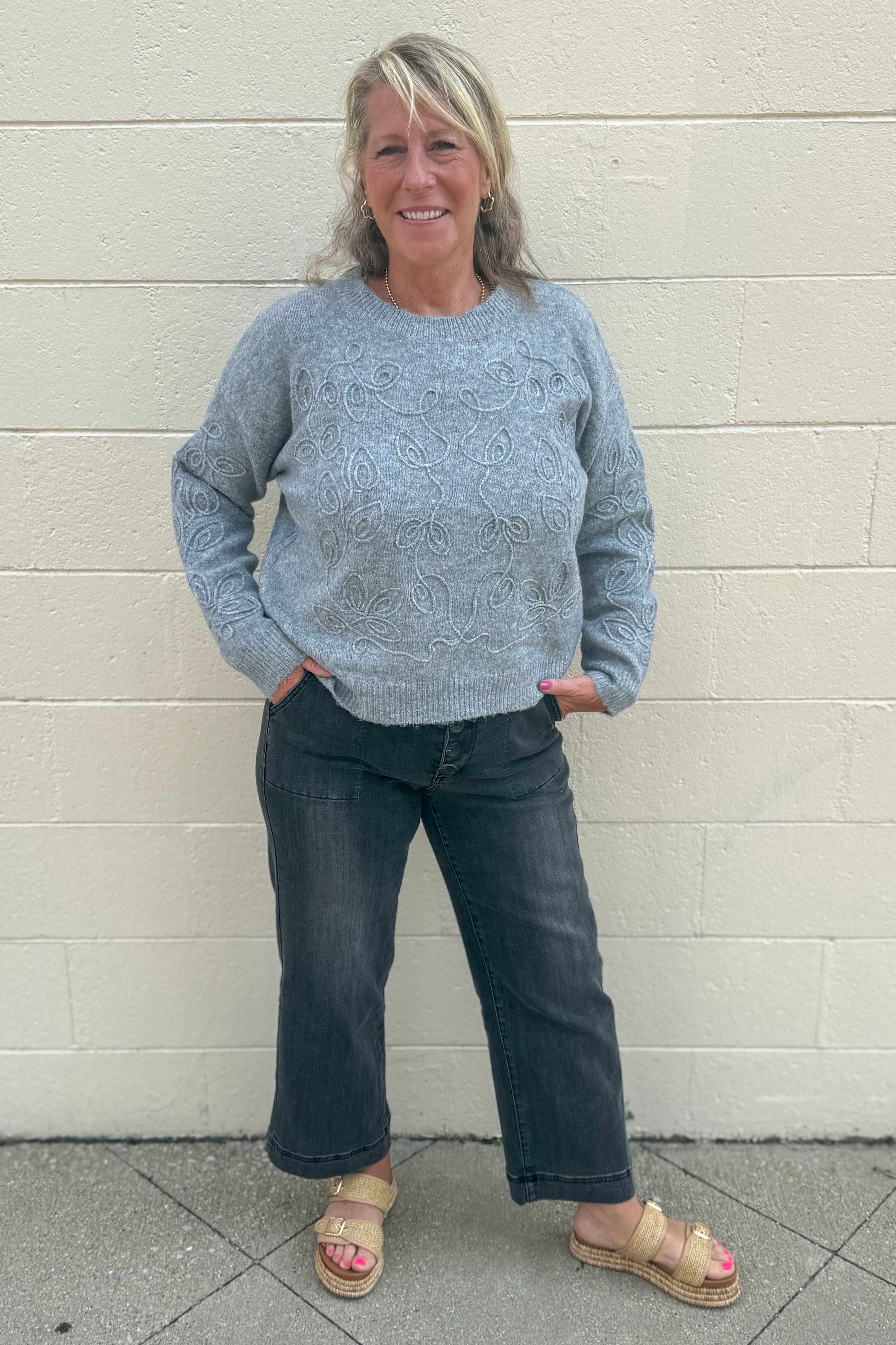Grey Embroidery Swirl Detail Sweater styled