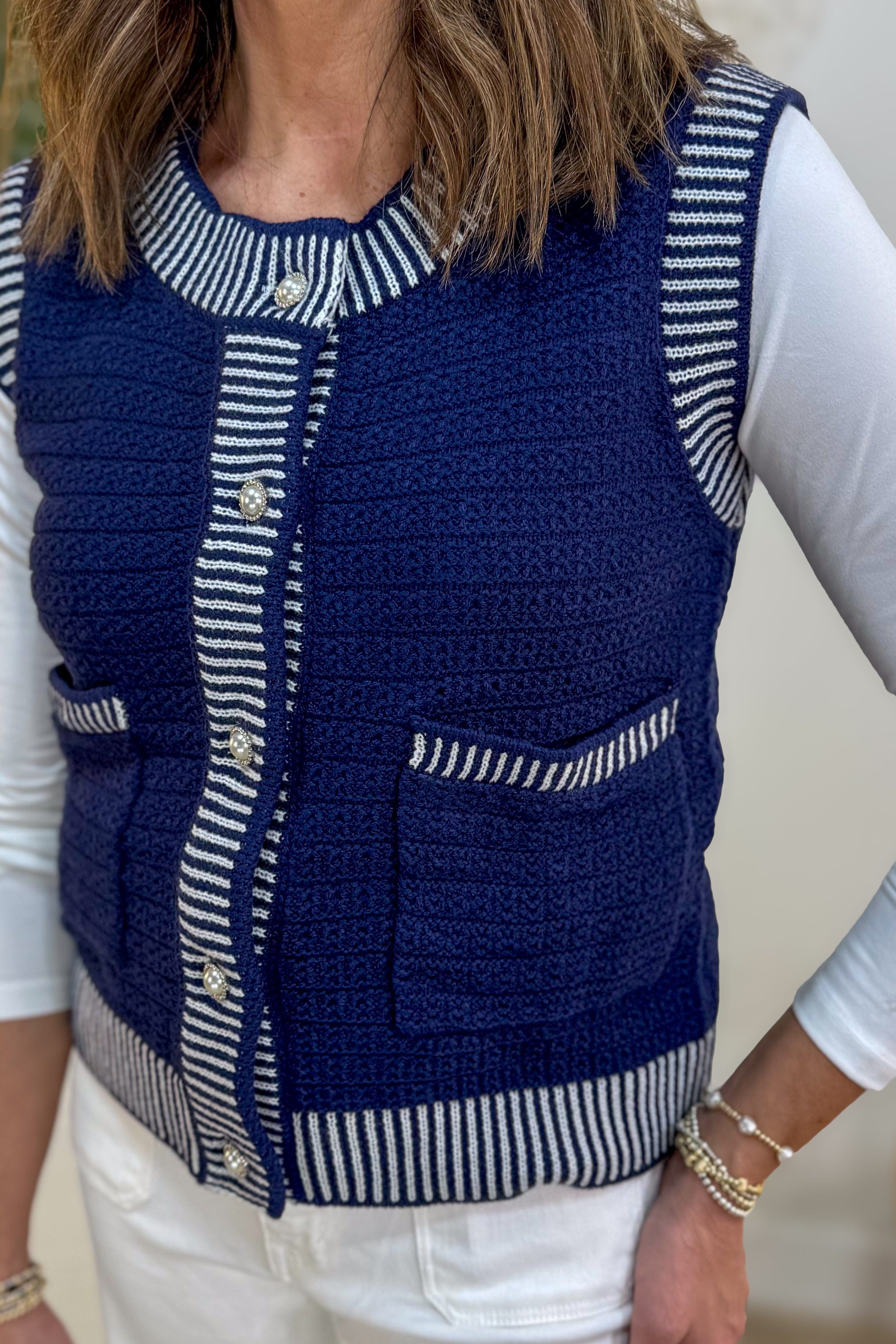 Navy with Cream Trim Detail & Pearl Button Sweater Vest Detailed