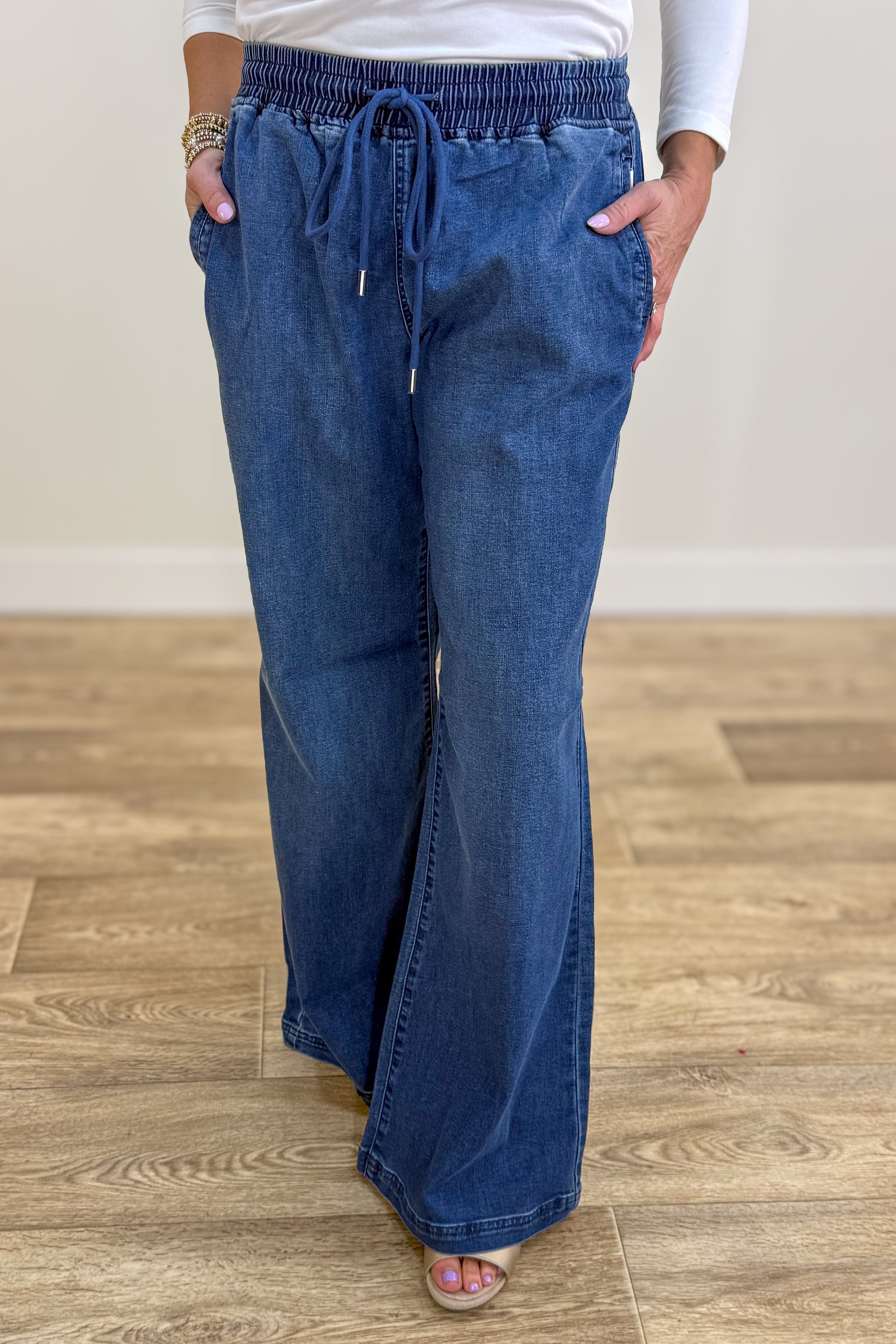 Medium Wash Drawstring Waist Wide Leg Denim