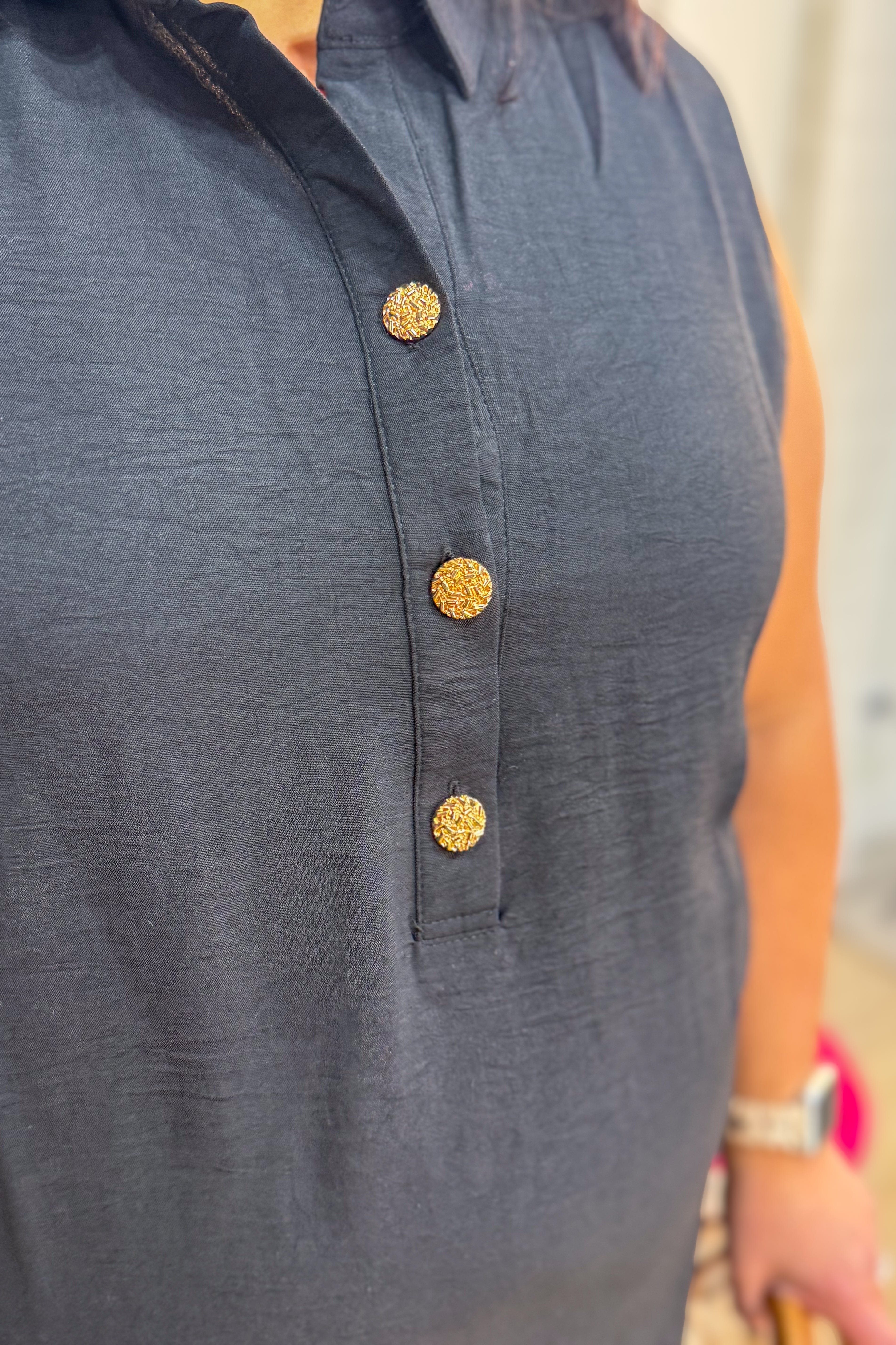 Black with Gold Buttons Sleeveless Dress