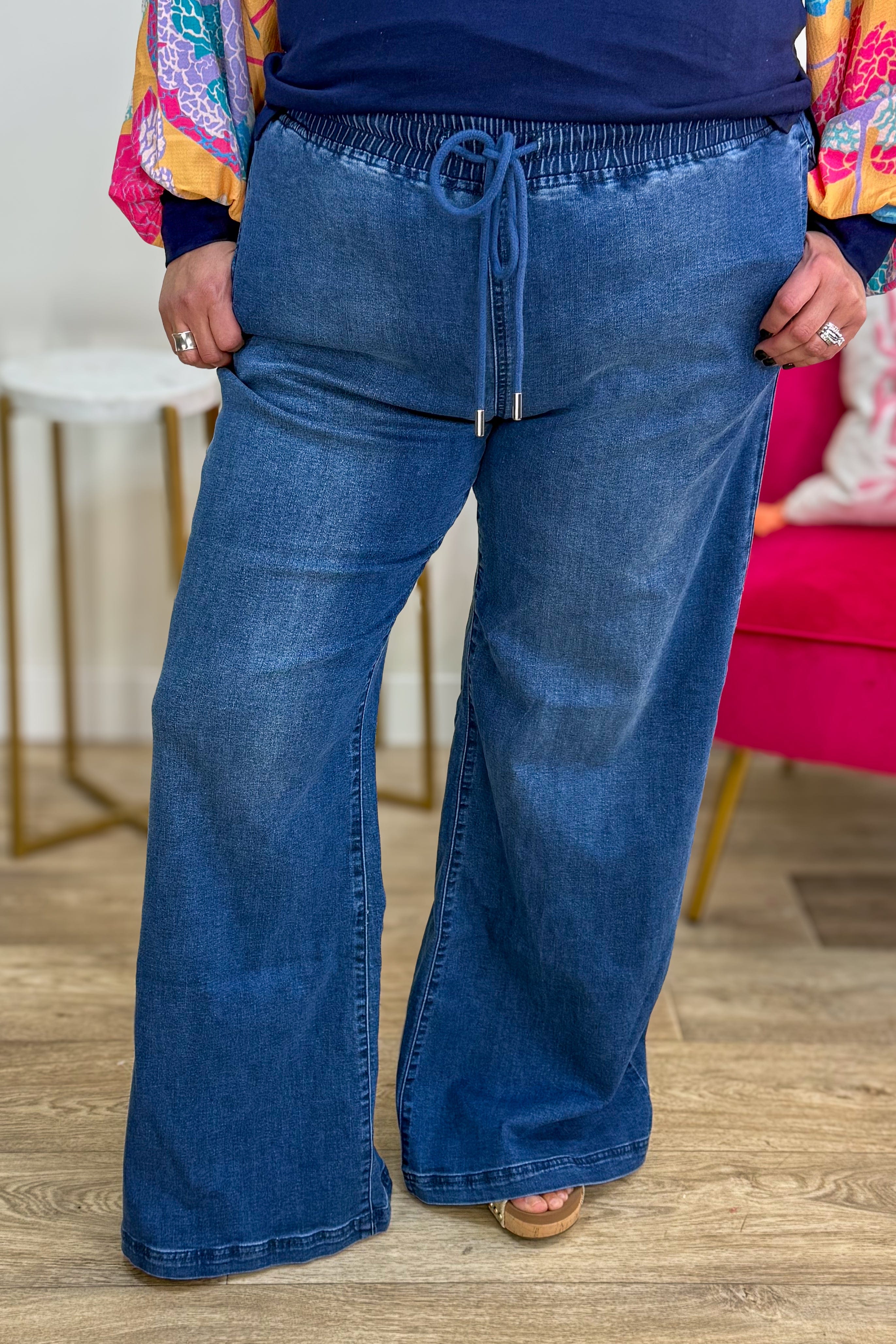 Medium Wash Drawstring Waist Wide Leg Denim