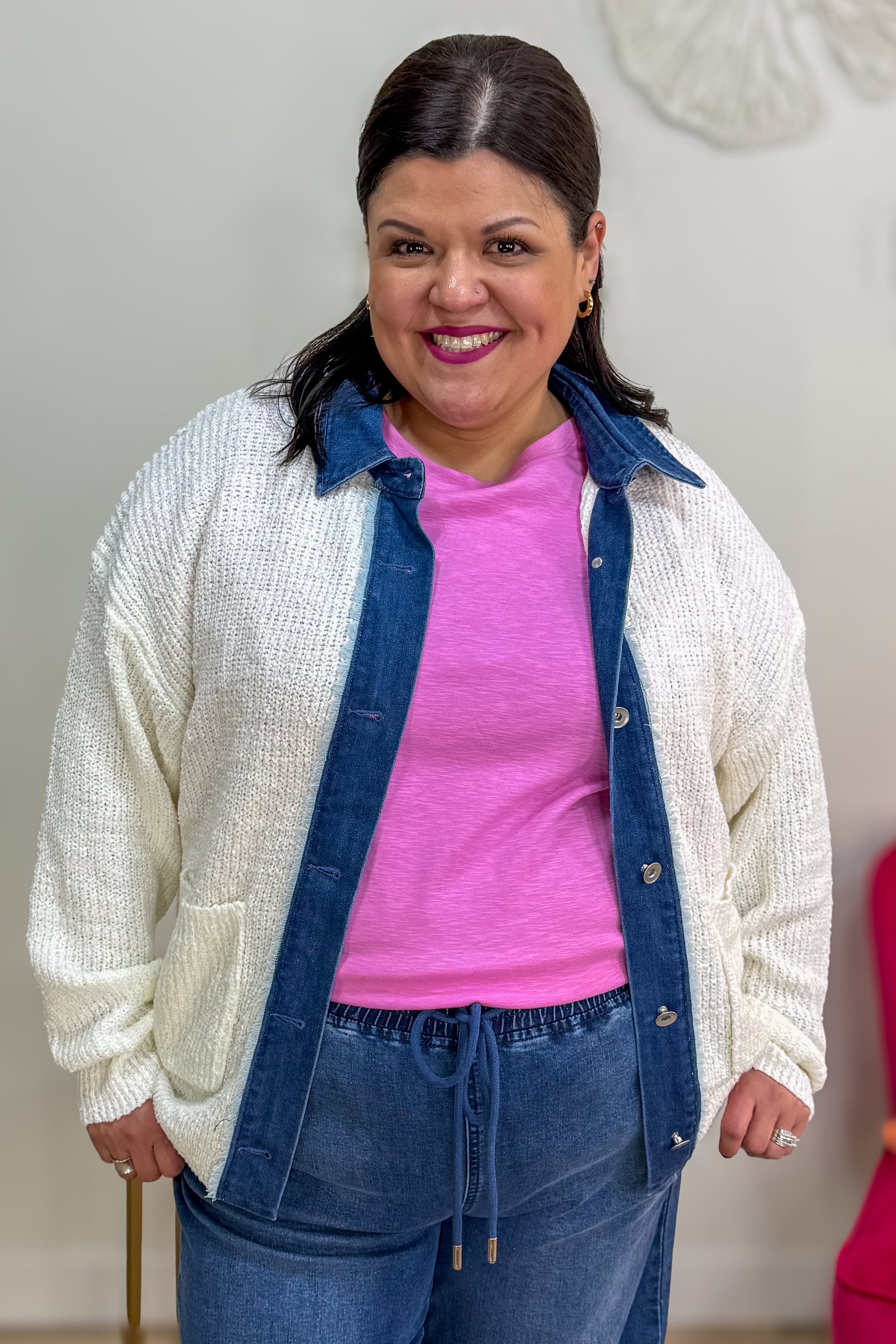 White with Denim Collar & Trim Button Up Sweater