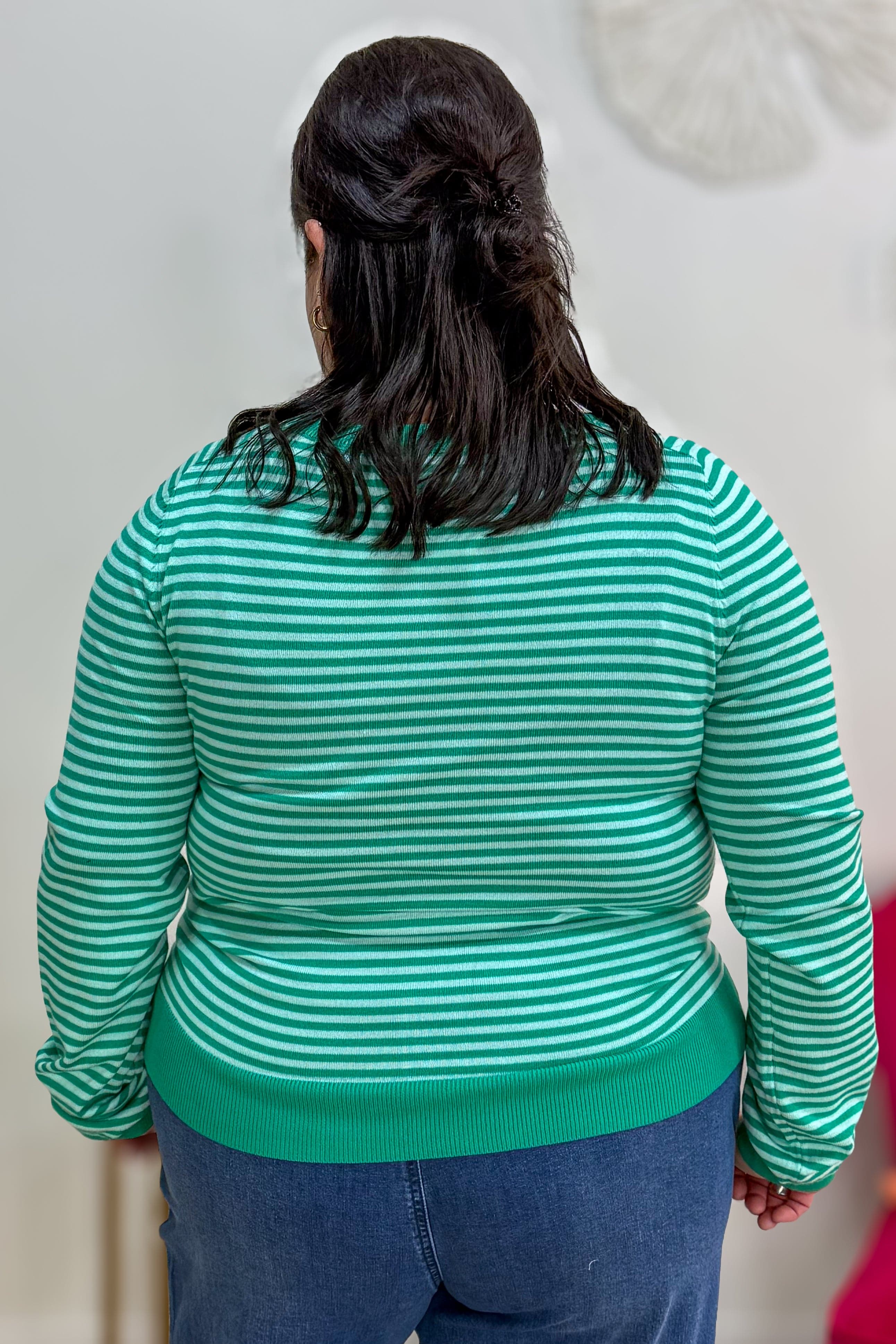 Green Pinstripe Raglan Sleeve Pullover Sweater Back