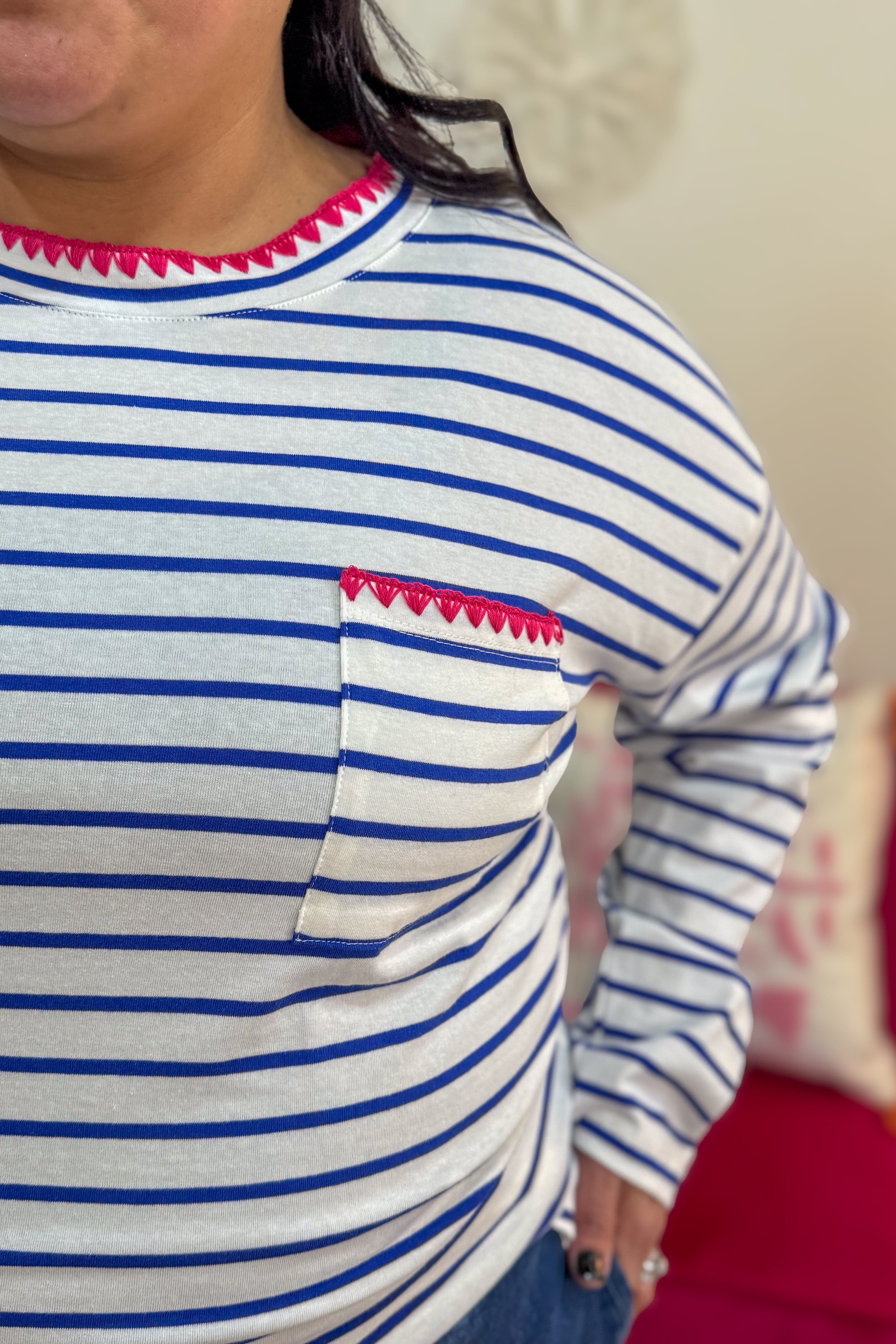 Royal Blue Blanket Stitched Jersey Striped Top Detailed