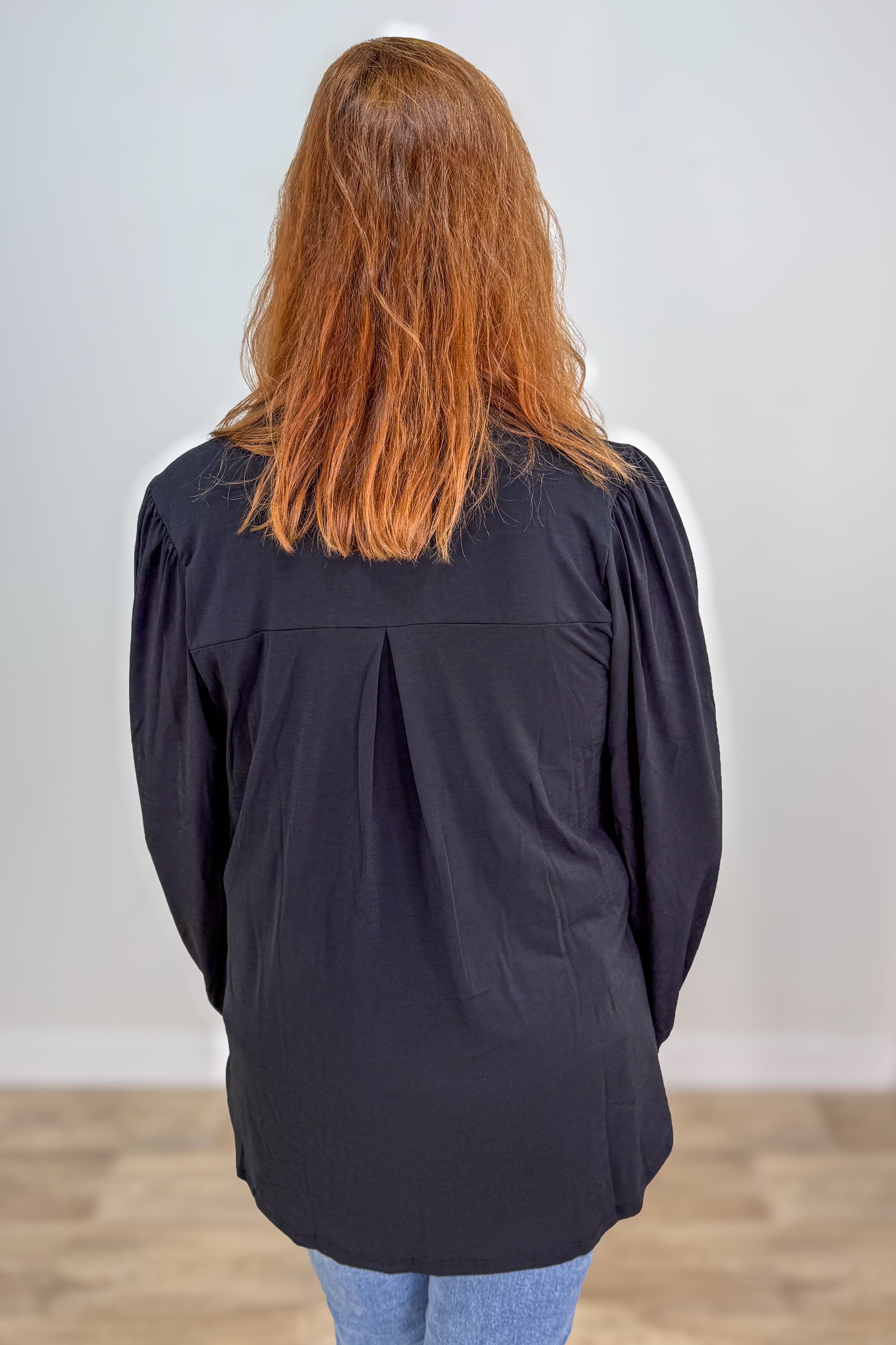 Black Solid Smocked Sleeve Lizzy Blouse back