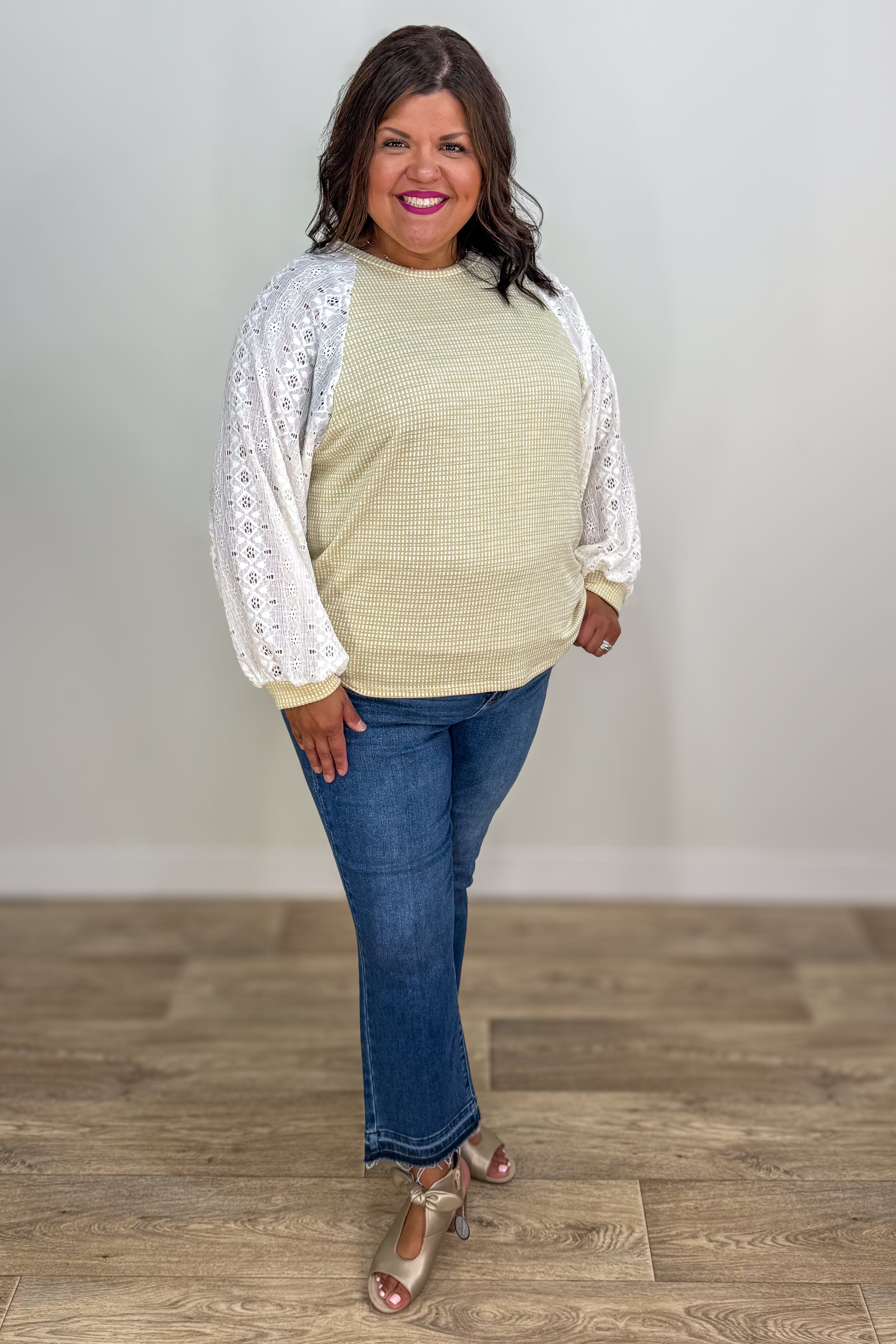 Taupe Lace Sleeve Top styled