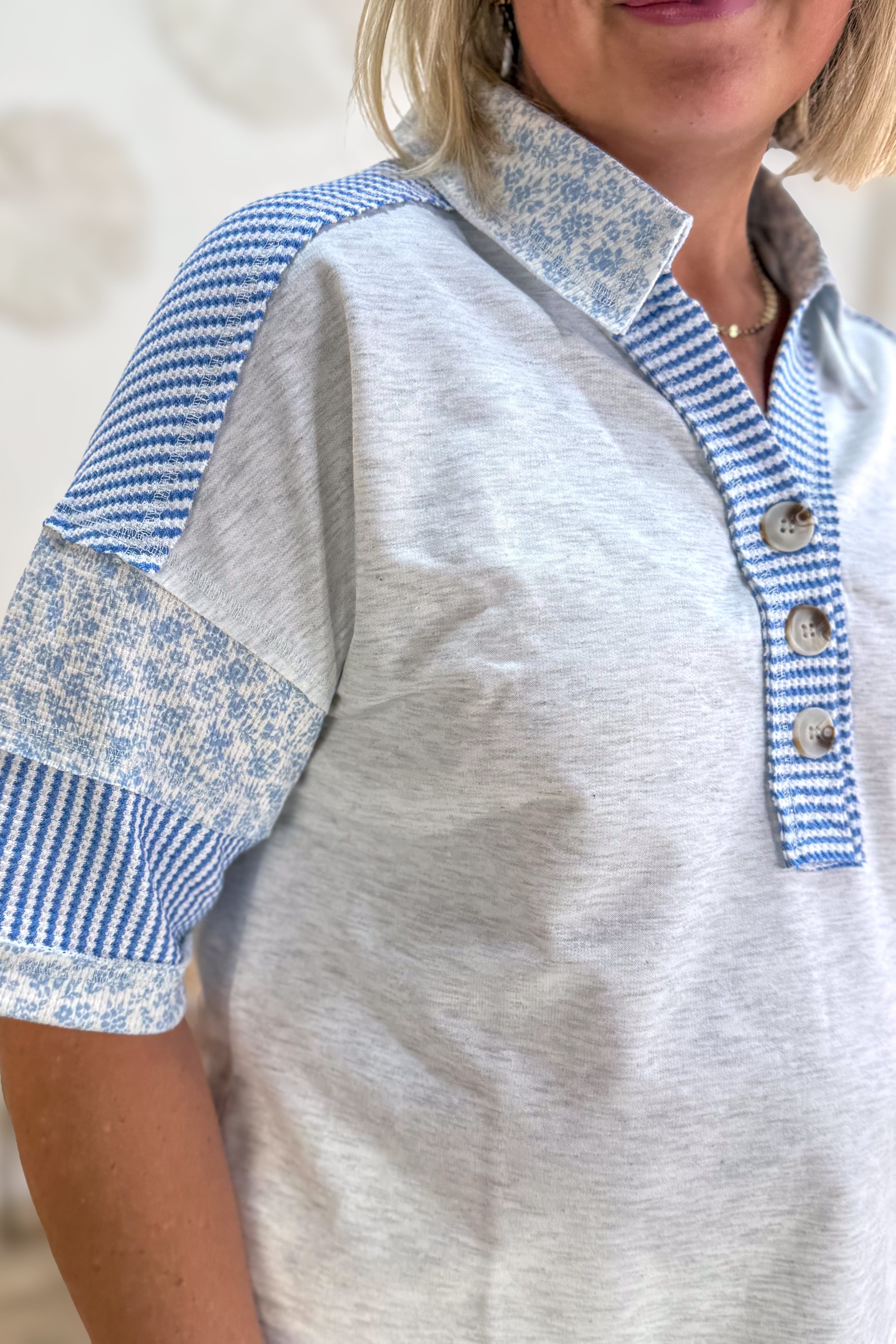 Grey & Blue Patchwork Polo Top Detail