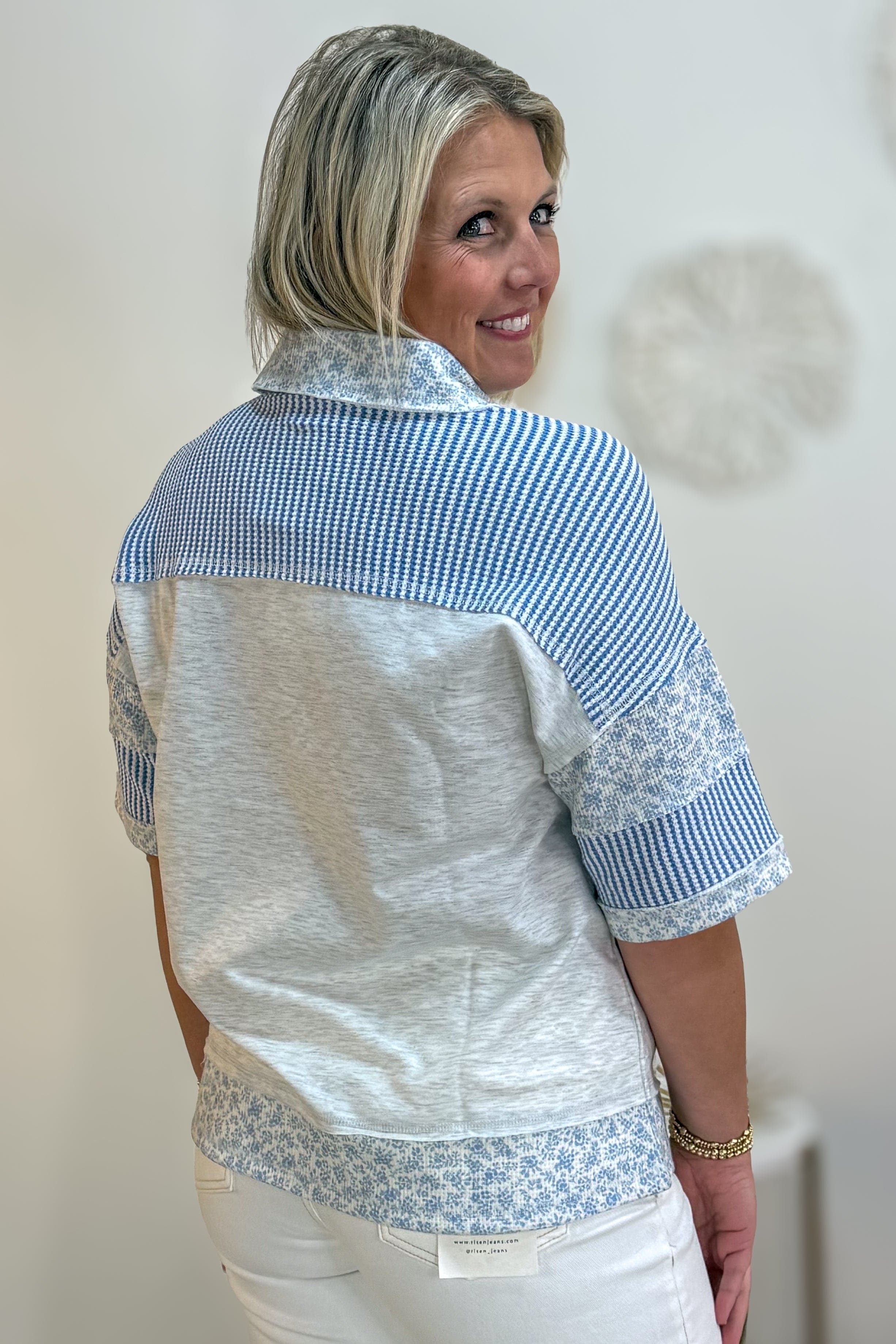 Grey & Blue Patchwork Polo Top Back