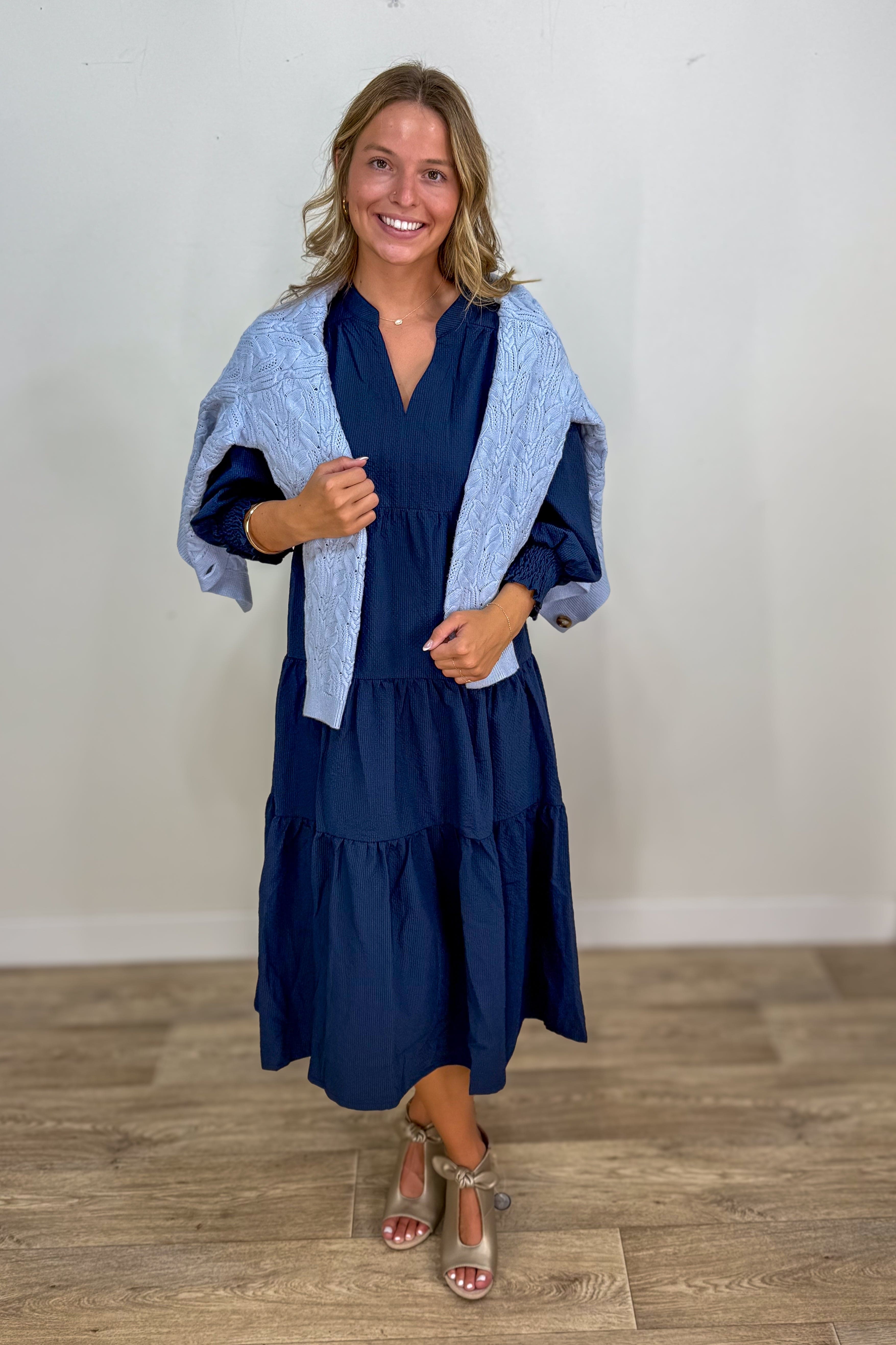 Navy Textured Split Neck Tiered Midi Dress Navy Textured Split Neck Tiered Midi Dress