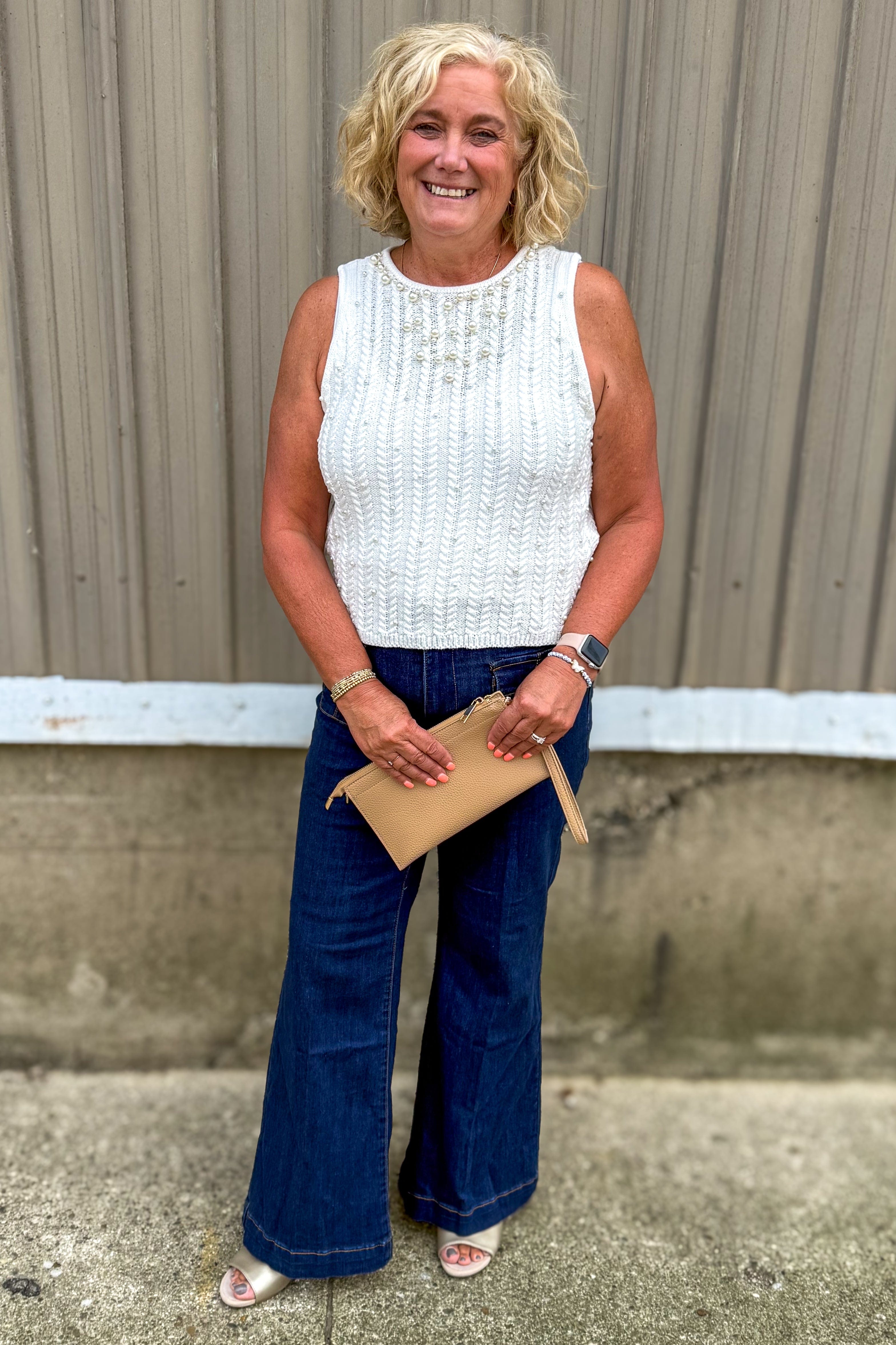 Cream with Pearl Detail Cable Knit Sweater Vest styled