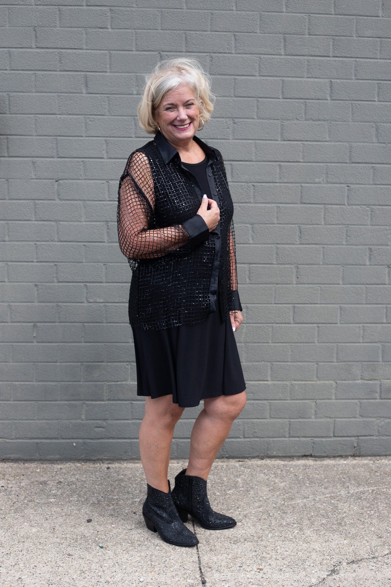 Black Sequin Button Down Top
