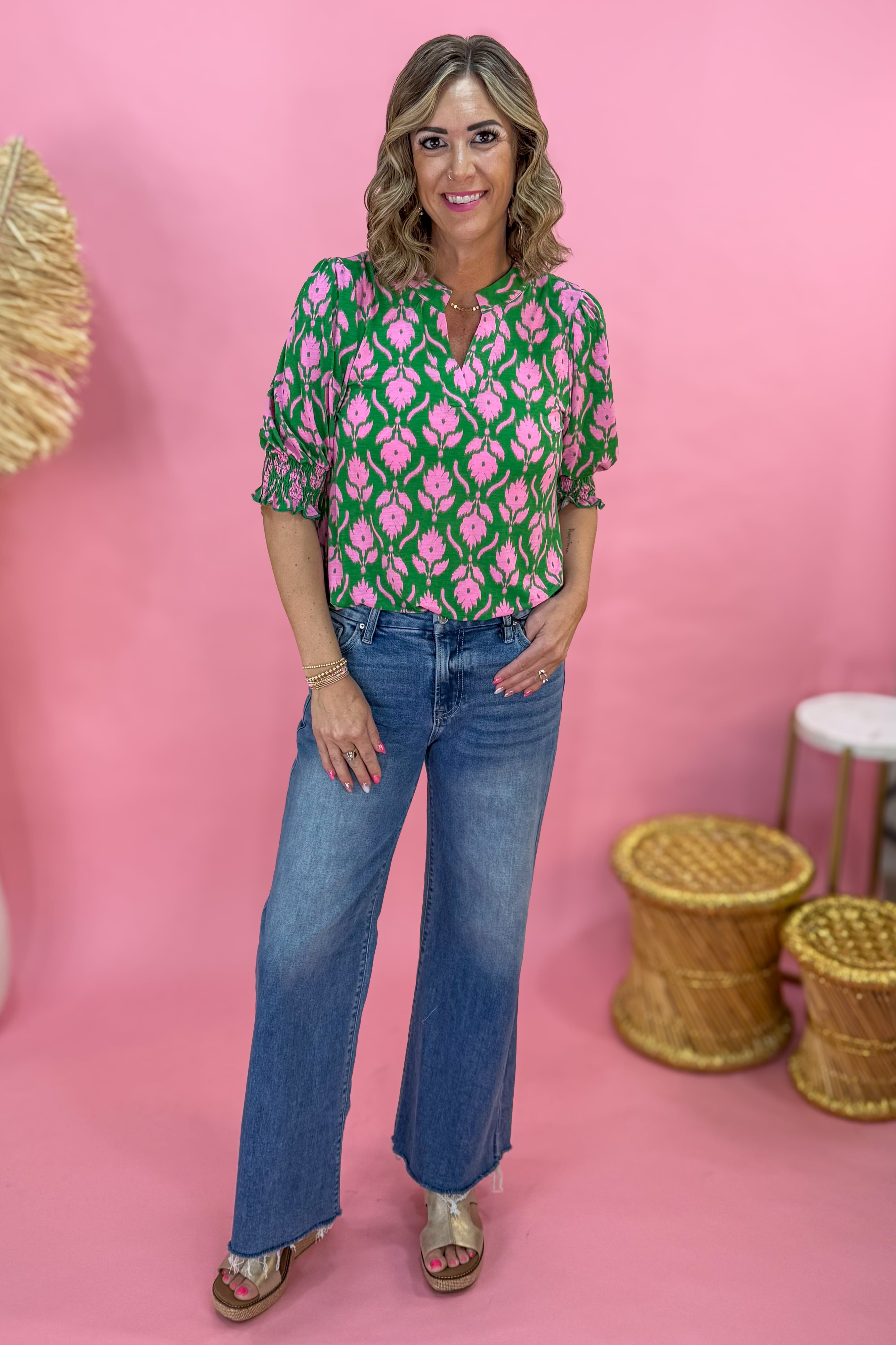 Emerald Pink Floral Smocked Sleeve Lizzy Blouse Styled