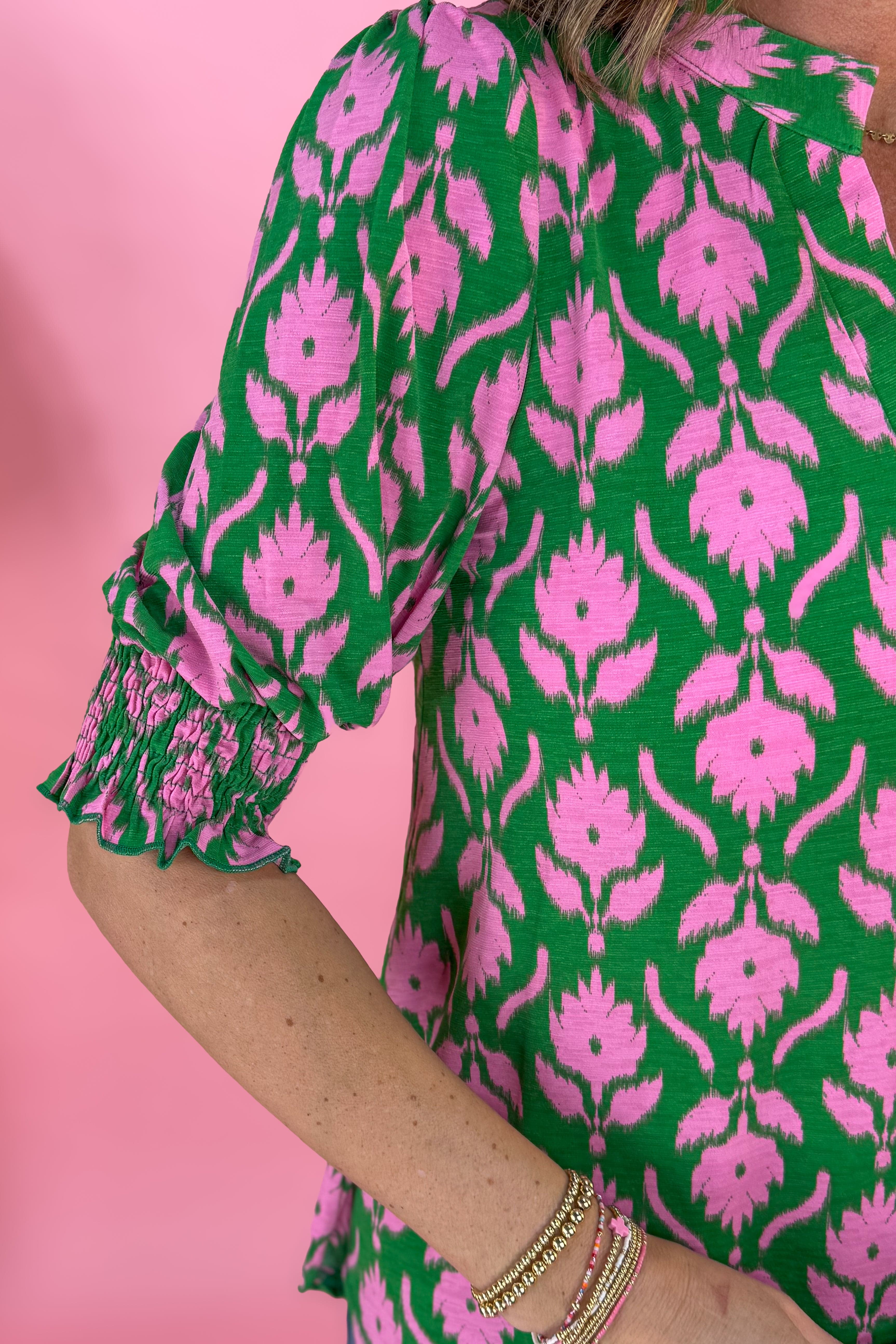 Emerald Pink Floral Smocked Sleeve Lizzy Blouse Detailed