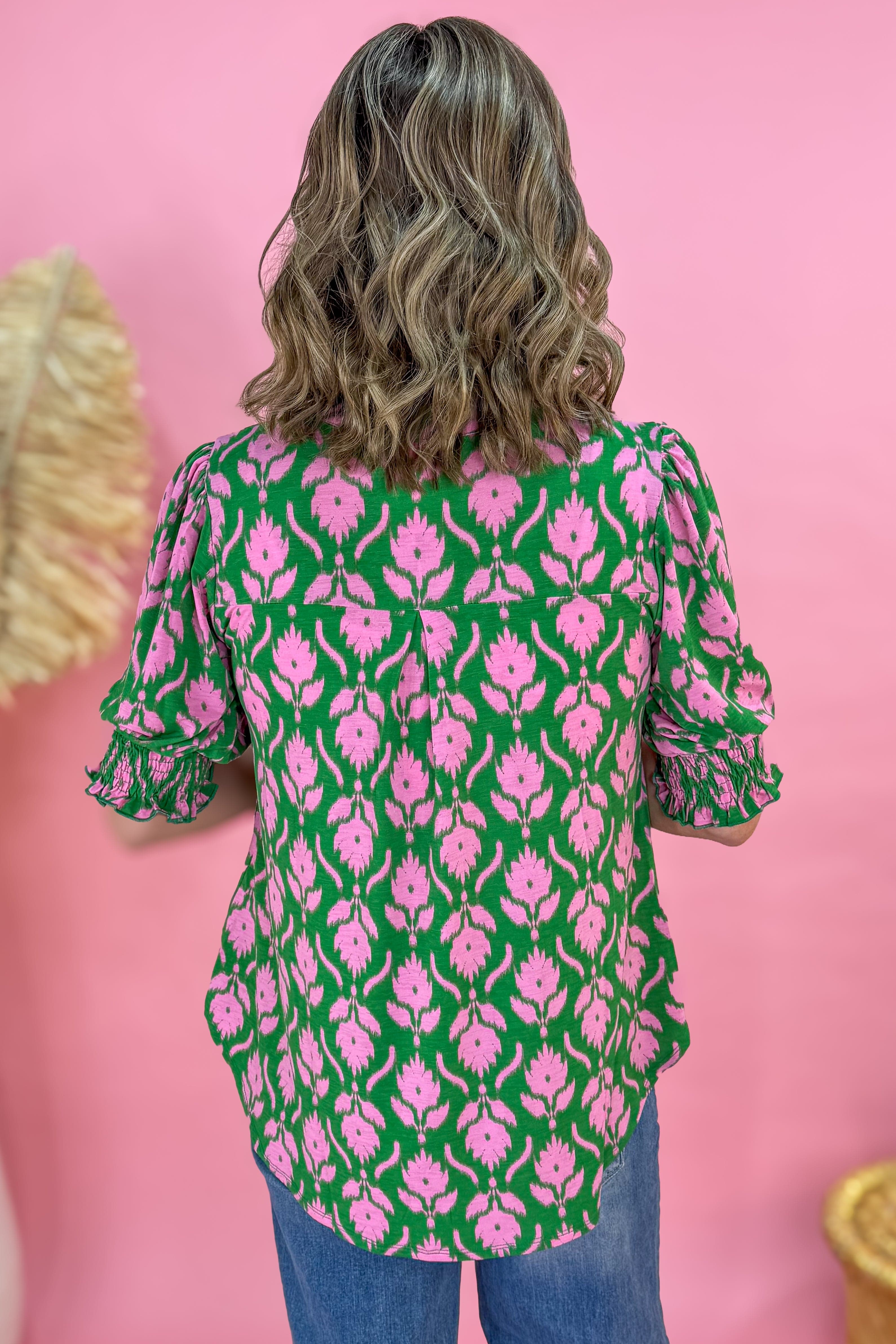 Emerald Pink Floral Smocked Sleeve Lizzy Blouse Back