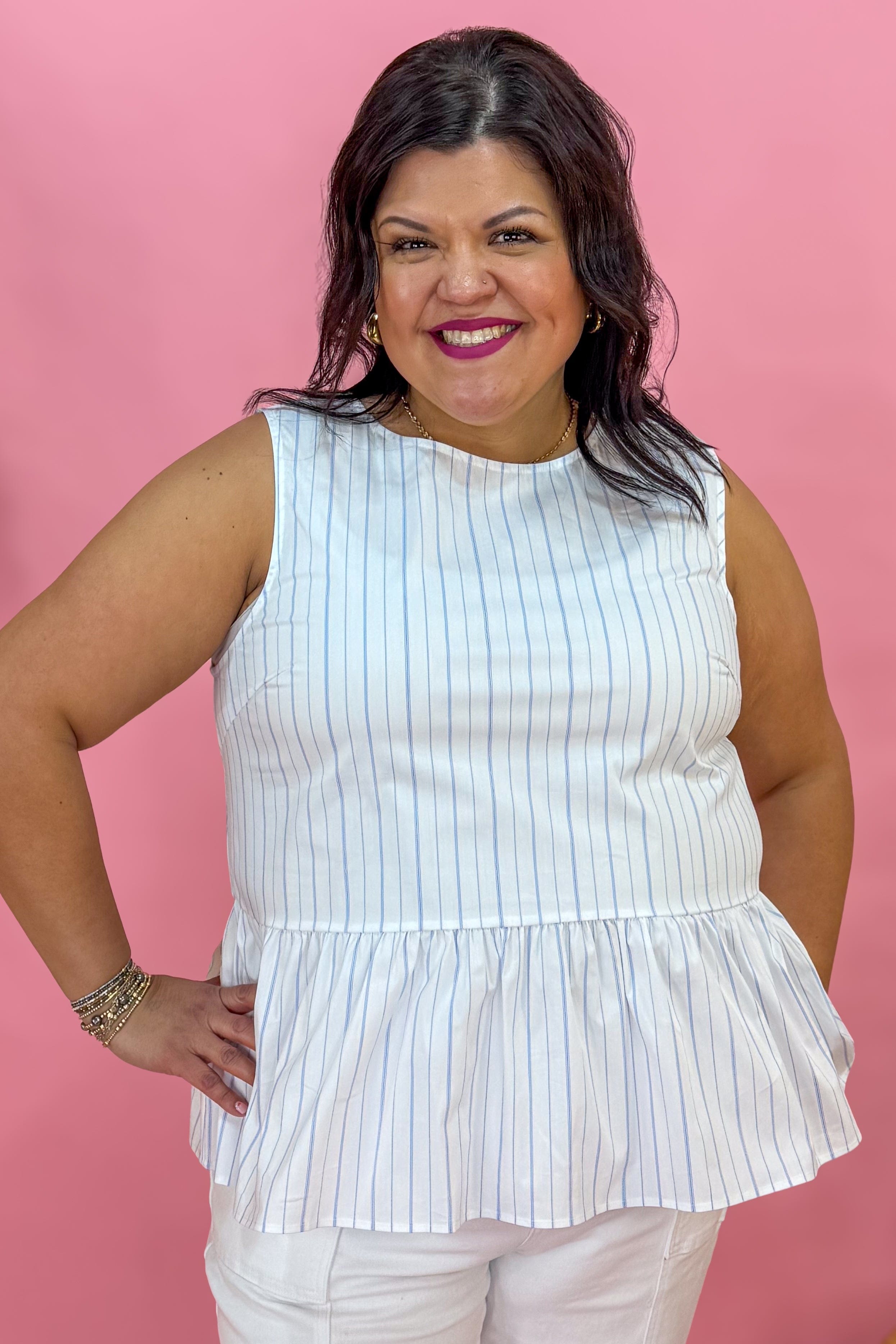 White & Blue Stripe Peplum Tank